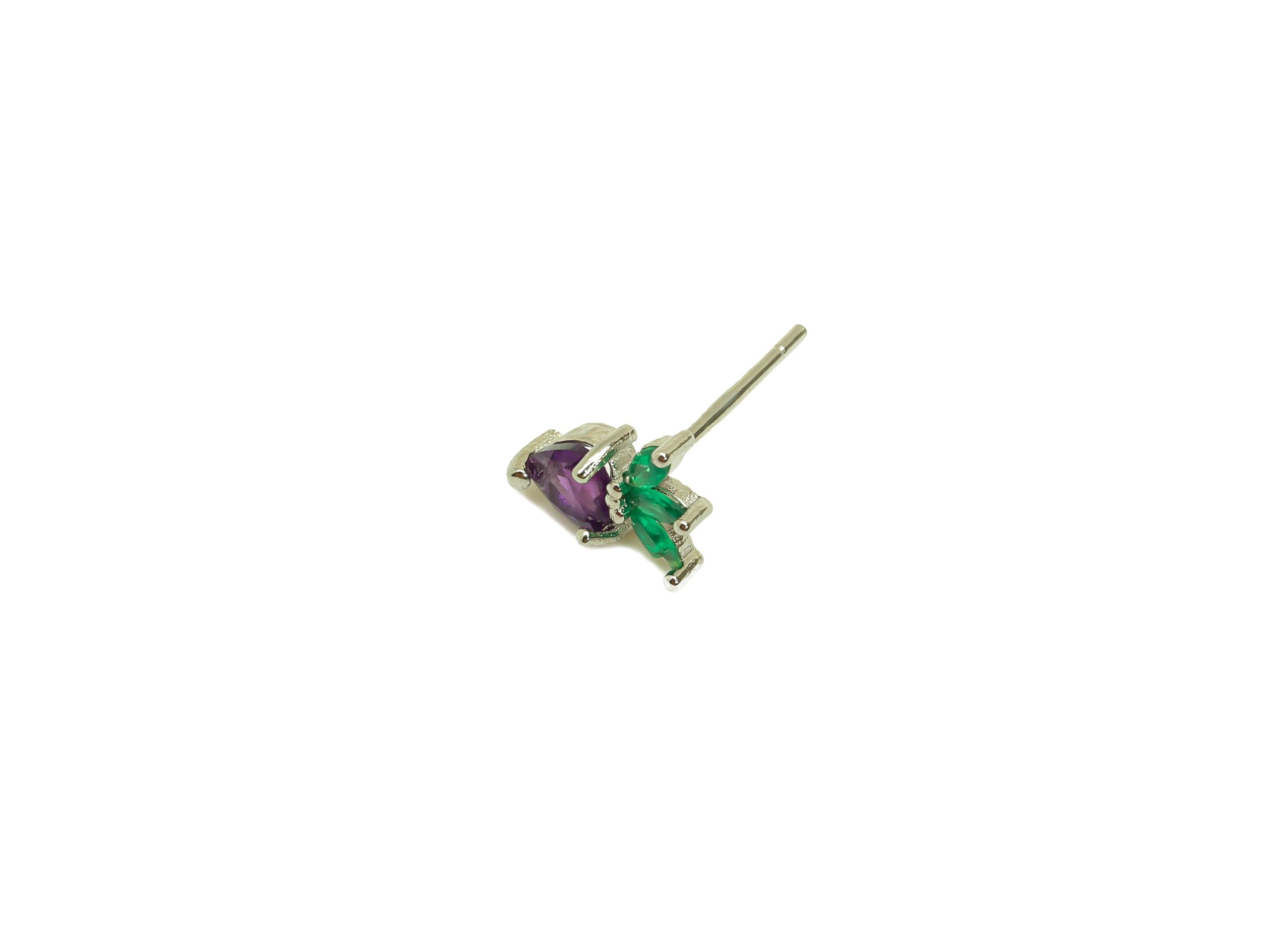 Brass Heart Earring Stud - Brass Marquise Earring Post - Zircon Amethyst Earring Post - 925 Silver - Silver Tone Plating - 14x6x1mm -RGP7245 - DOMEDBAZAAR