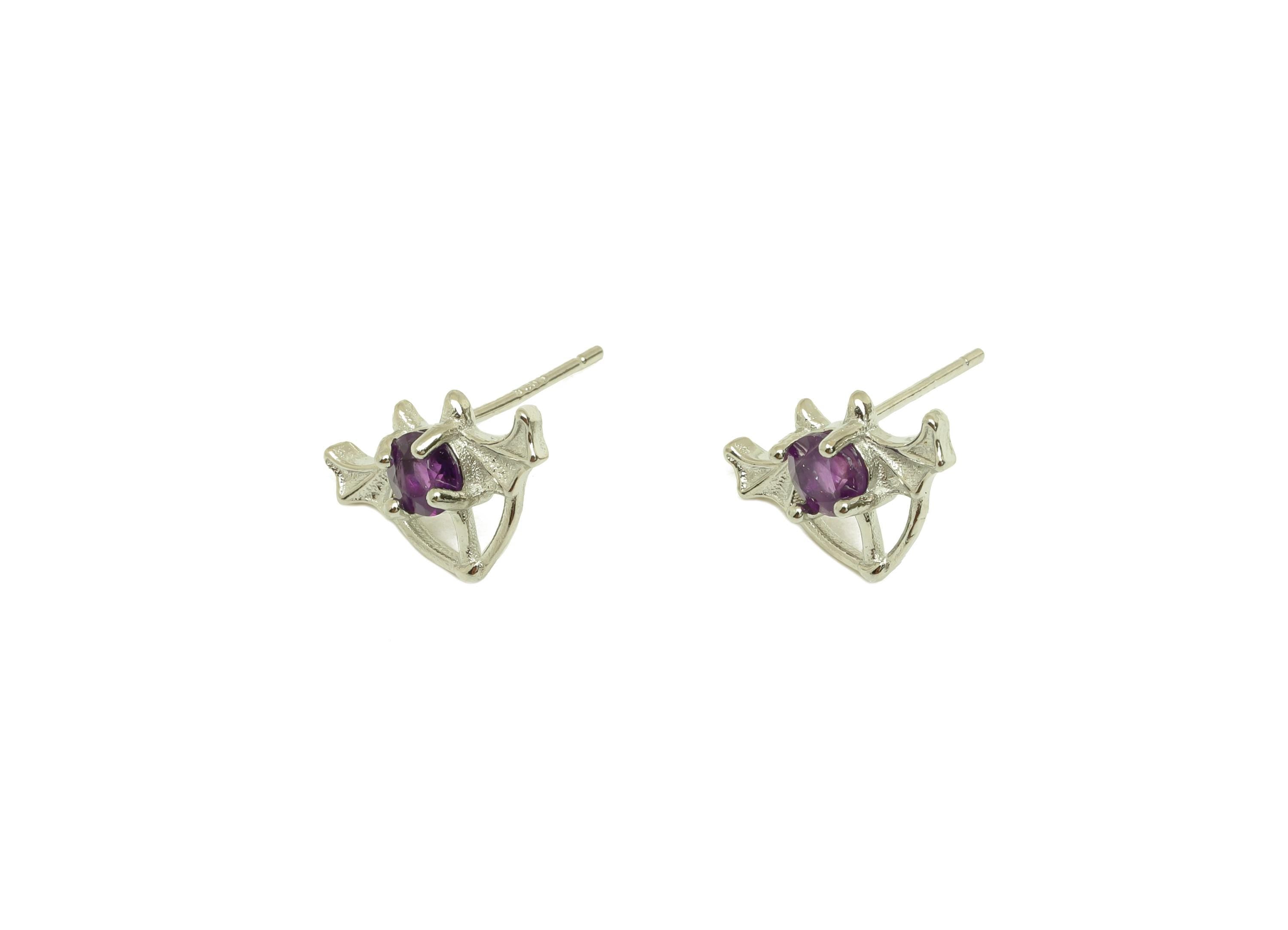 Brass Bat Earring Stud - Brass Bat Earring Post - Animal Amethyst Earring Post - 925 Silver Stud - Silver Tone Plating - 14x12x1mm - RGP7256 - DOMEDBAZAAR