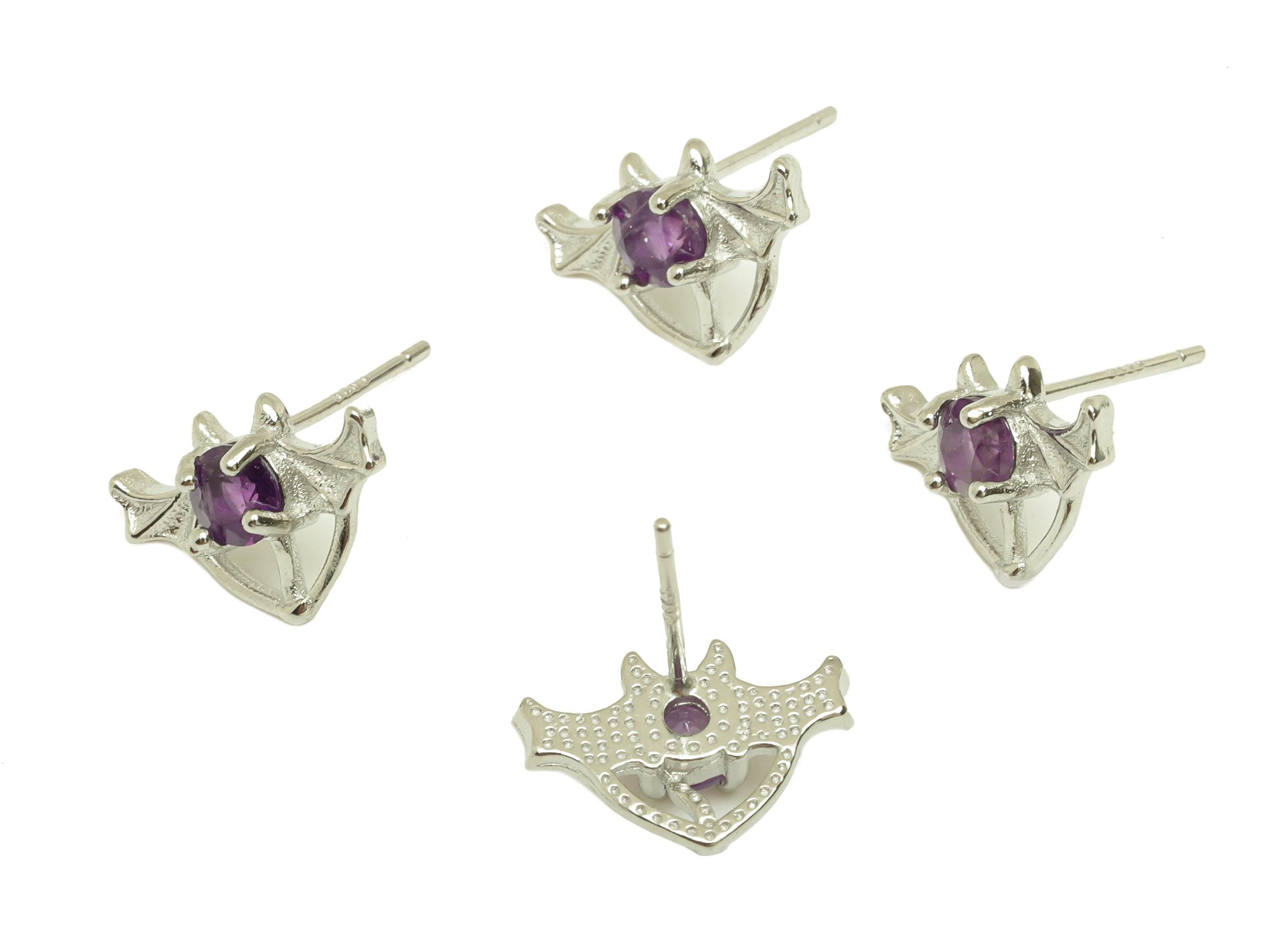 Brass Bat Earring Stud - Brass Bat Earring Post - Animal Amethyst Earring Post - 925 Silver Stud - Silver Tone Plating - 14x12x1mm - RGP7256 - DOMEDBAZAAR