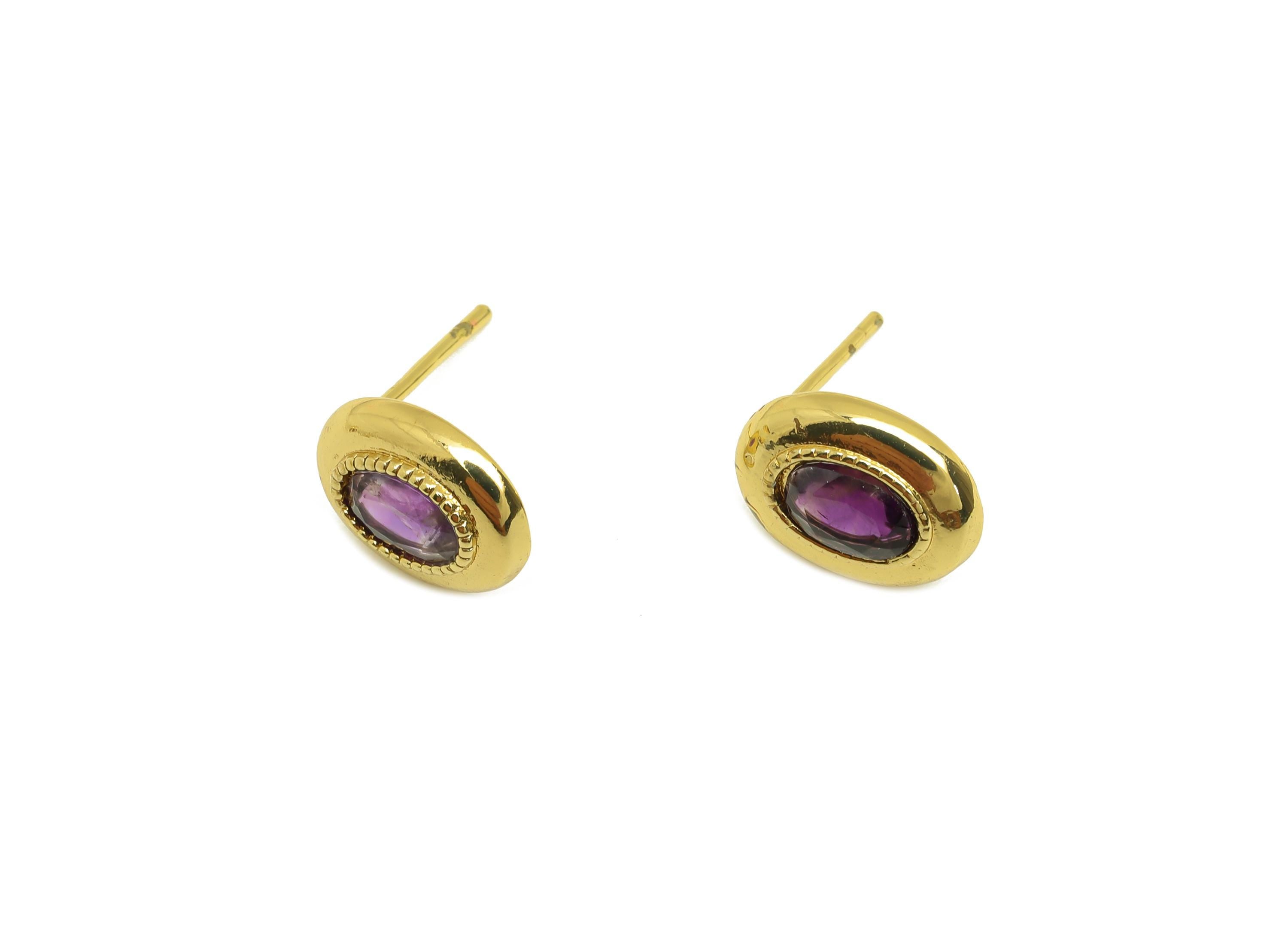 Brass Oval Earring Stud - Brass Vintage Earring Post - Amethyst Earring Post - 925 Silver Stud - Gold Tone Plating -13x9.05x0.73mm - RGP7241 - DOMEDBAZAAR