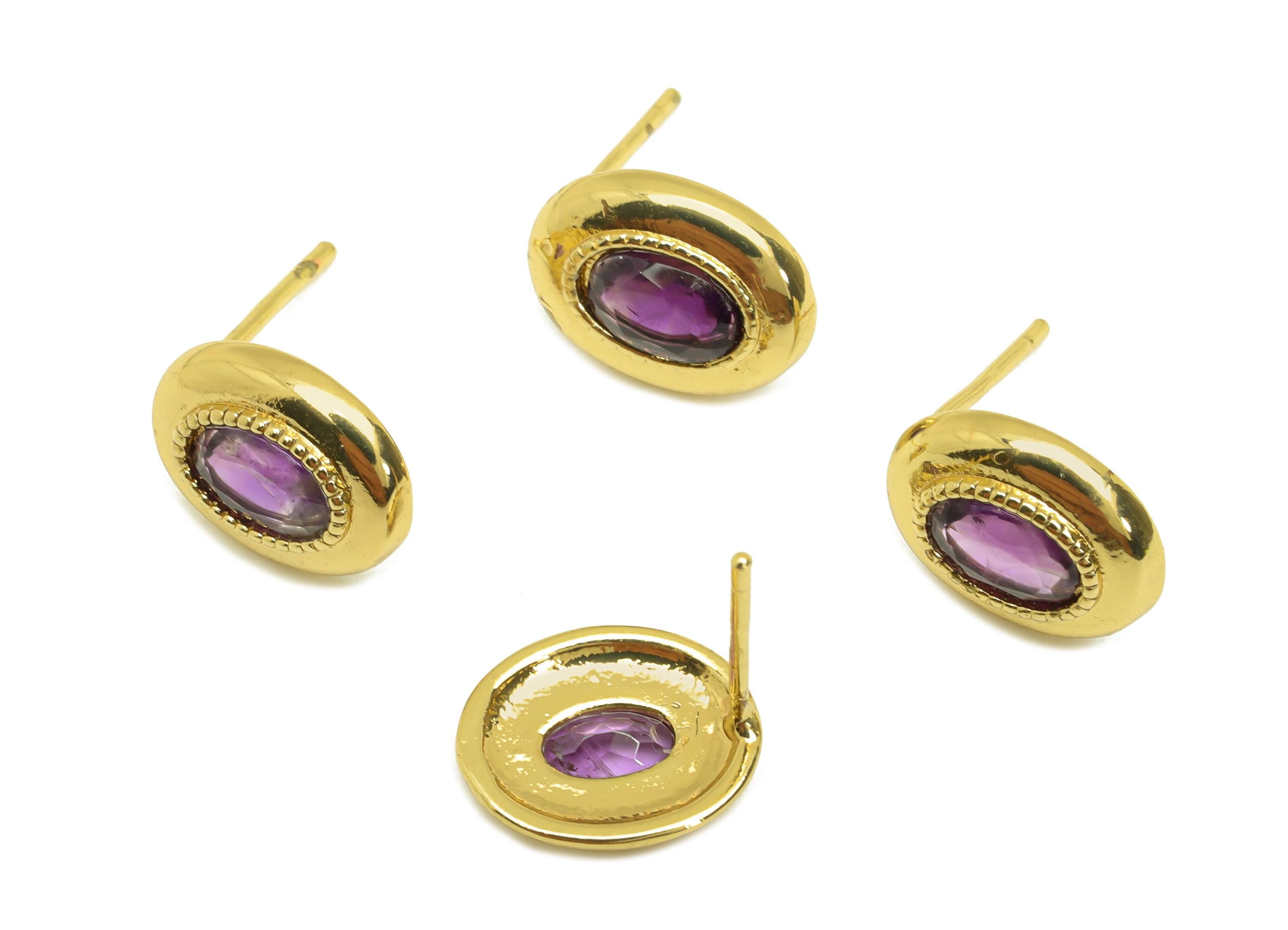 Brass Oval Earring Stud - Brass Vintage Earring Post - Amethyst Earring Post - 925 Silver Stud - Gold Tone Plating -13x9.05x0.73mm - RGP7241 - DOMEDBAZAAR