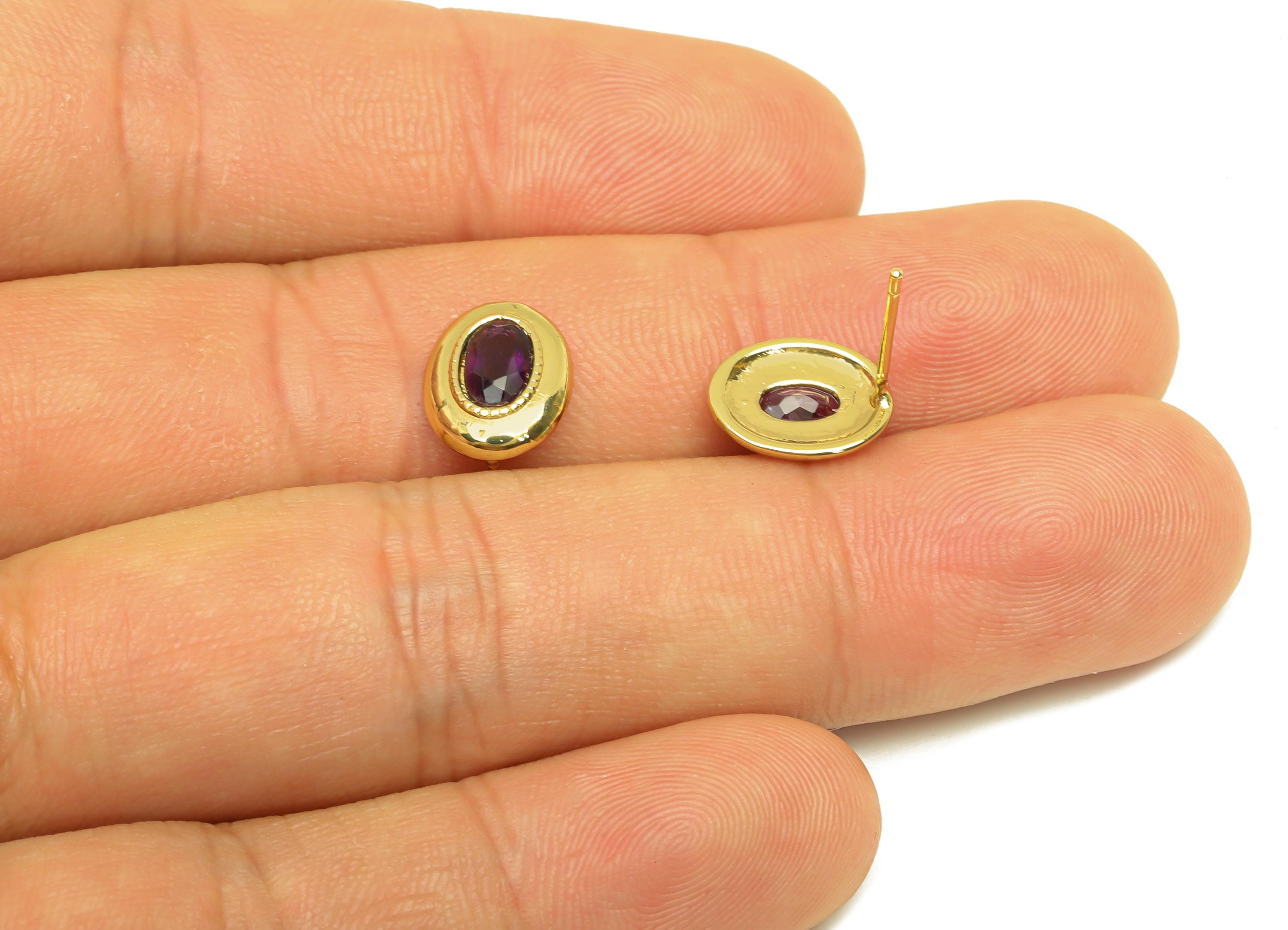 Brass Oval Earring Stud - Brass Vintage Earring Post - Amethyst Earring Post - 925 Silver Stud - Gold Tone Plating -13x9.05x0.73mm - RGP7241 - DOMEDBAZAAR