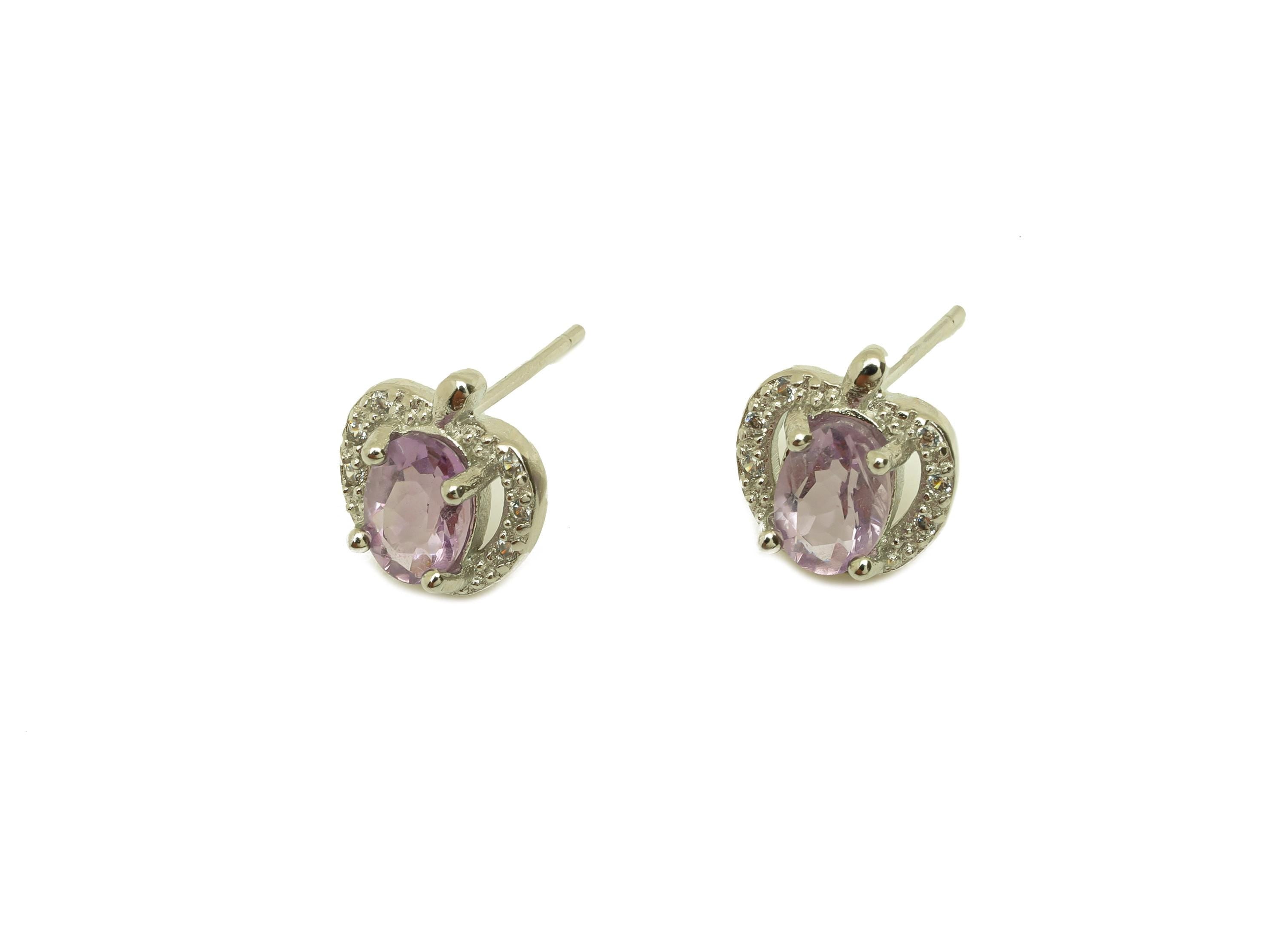 Brass Apple Earring Stud - Brass Cubic Zircon Earring Post - Amethyst Earring Post - Silver Stud - Silver Tone Plating - 15x9x1mm - RGP7255 - DOMEDBAZAAR