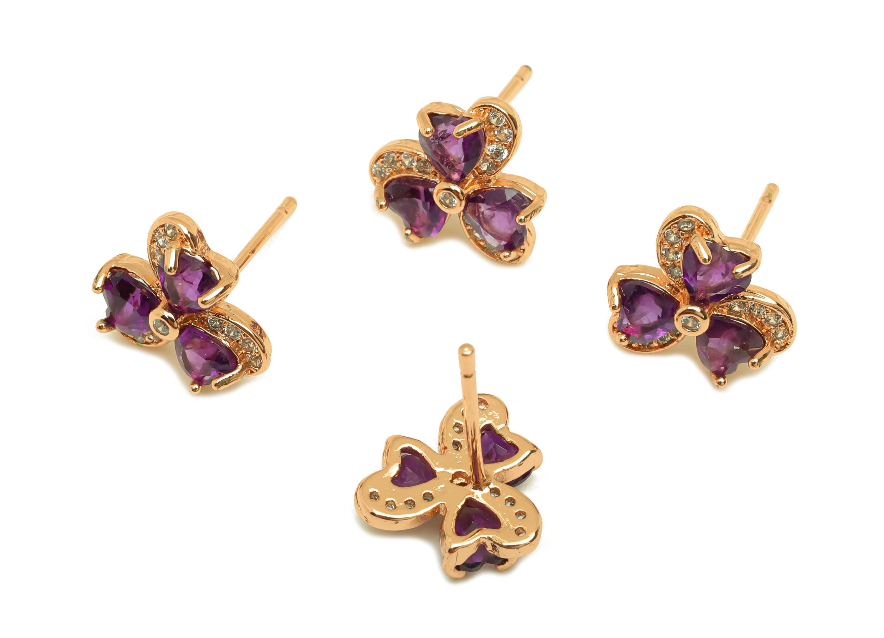 Brass Heart Earring Stud - Brass Amethyst Earring Post - Brass Gold Rose Earring Post - 18K Real Rose Gold Plating - 15x10x1mm - RGP7240 - DOMEDBAZAAR