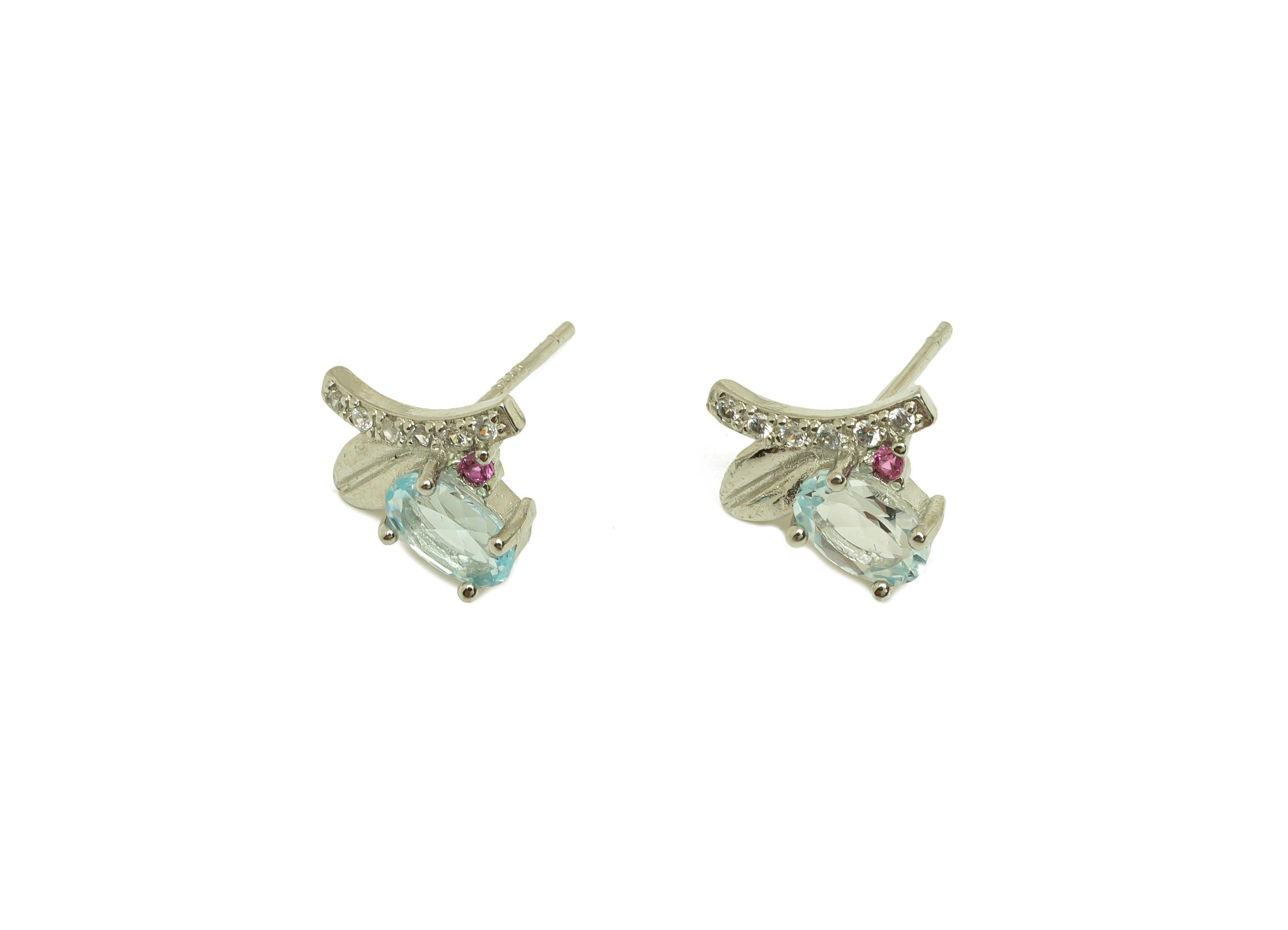 Brass Leaf Earring Stud - Brass Cubic Zircon Earring Post - Topaz Earring Post - 925 Silver Stud - Silver Tone Plating - 14x10x1mm - RGP7272 - DOMEDBAZAAR