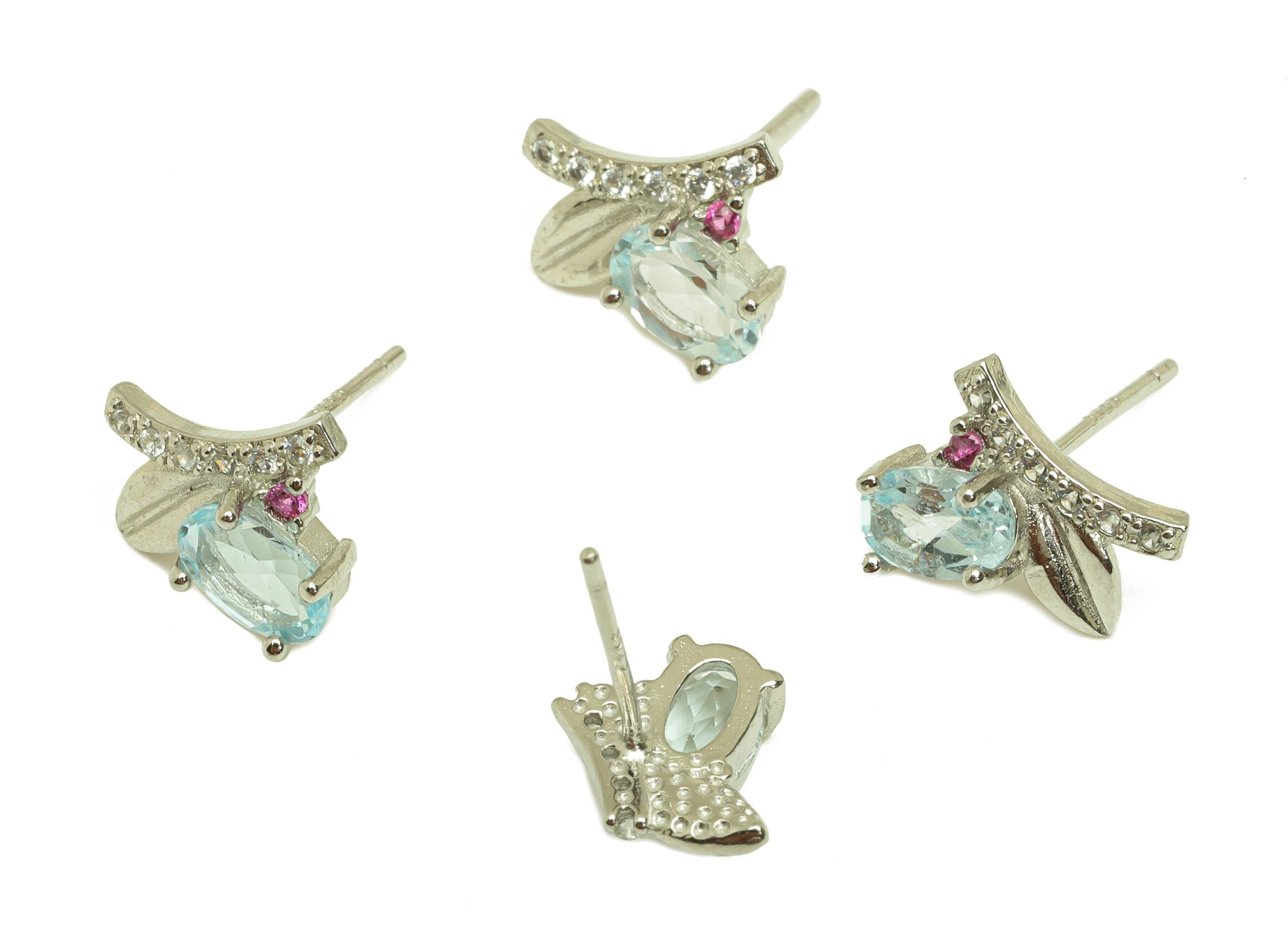 Brass Leaf Earring Stud - Brass Cubic Zircon Earring Post - Topaz Earring Post - 925 Silver Stud - Silver Tone Plating - 14x10x1mm - RGP7272 - DOMEDBAZAAR