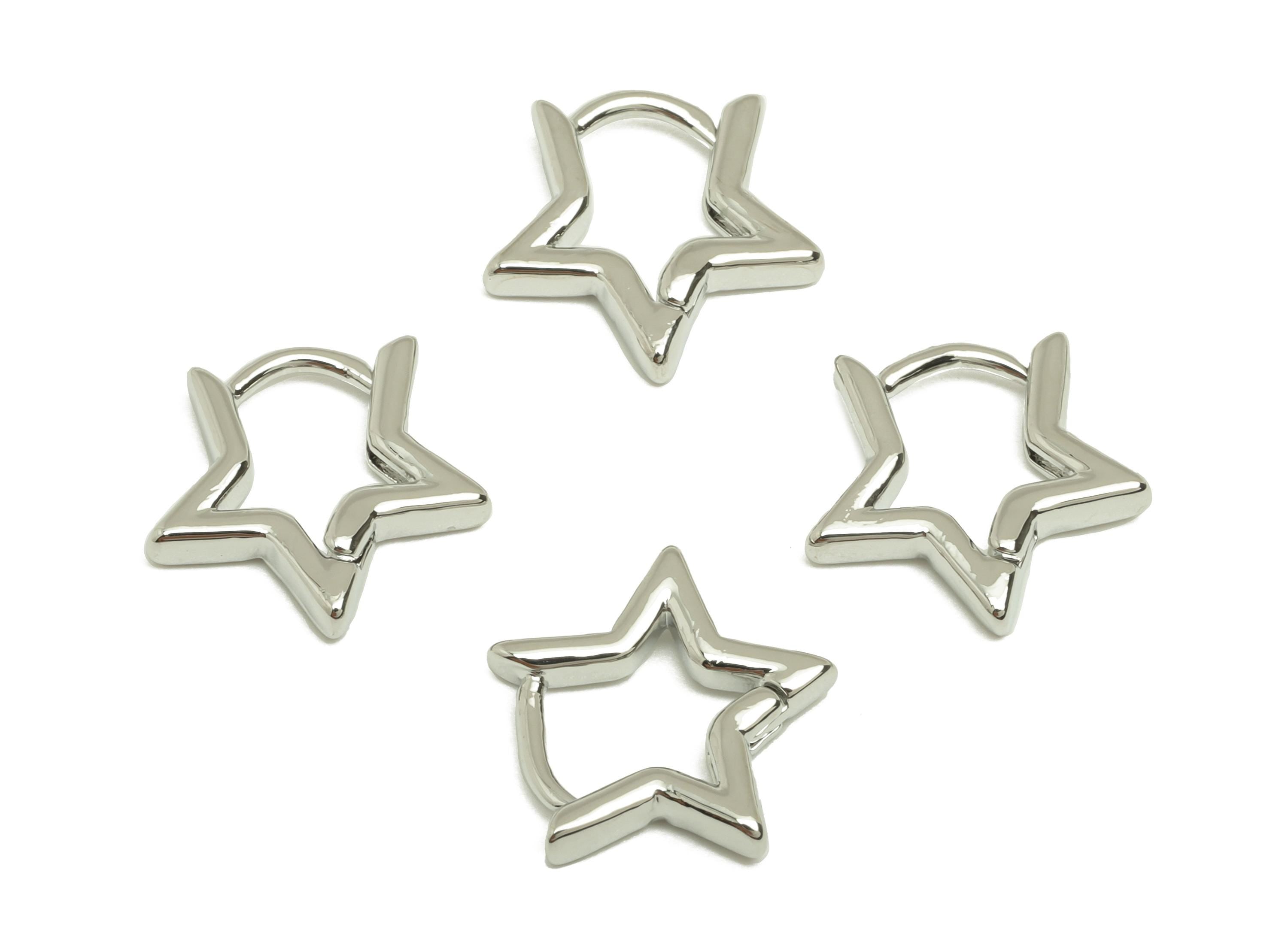 Brass Hoop Earring - Brass Star Hoop Earring - Brass Star Huggie Hoop Earring - 18K Real White Gold Plating - 14.45x13.57x2.25mm - RGP7797 - DOMEDBAZAAR