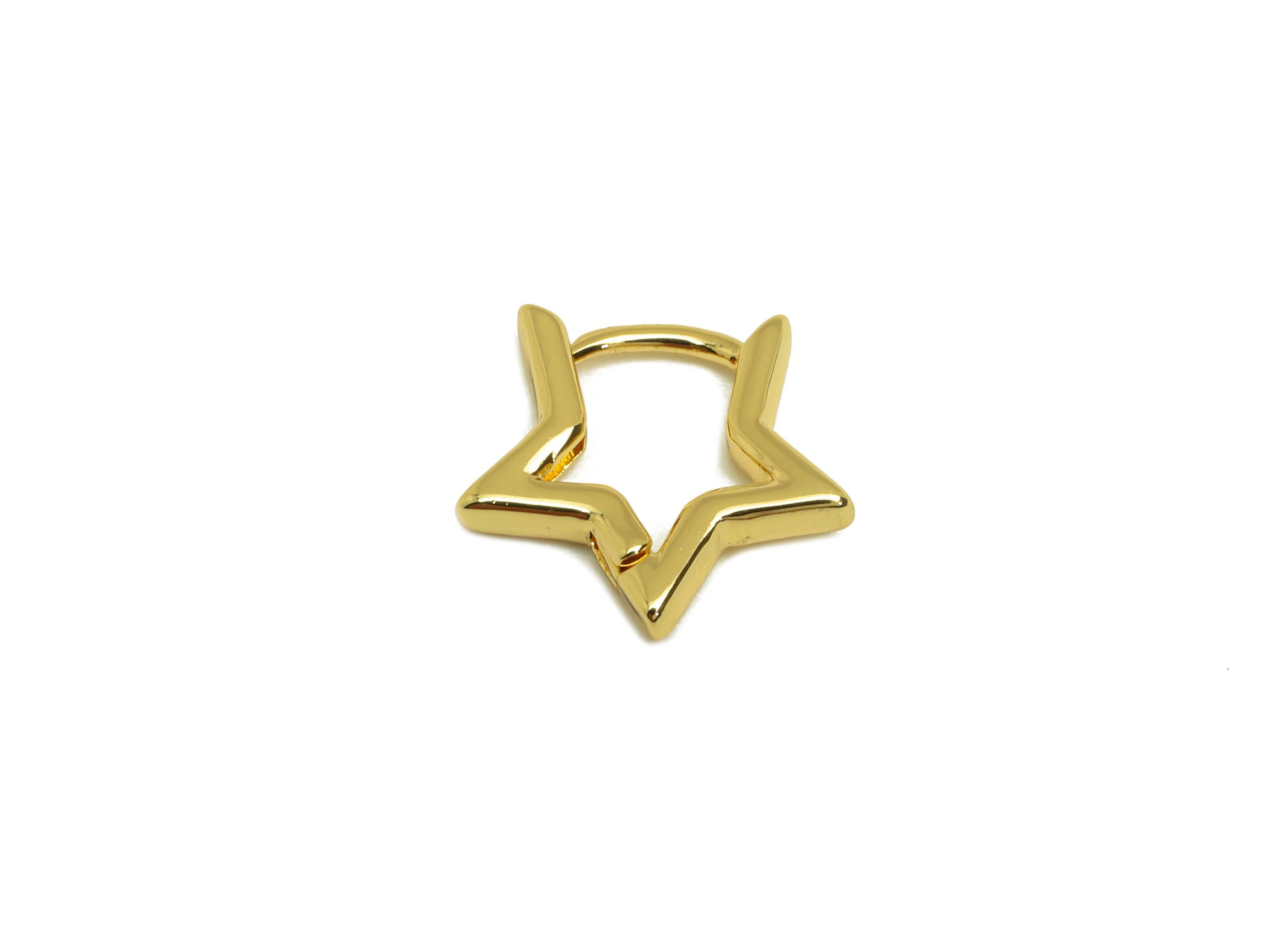 Brass Star Hoop Earring - Brass Star Hoop Earring - Brass Star Huggie Hoop Clasp Earring - 18K Real Gold Plating - 14.45x13.57x2mm - RGP7808 - DOMEDBAZAAR