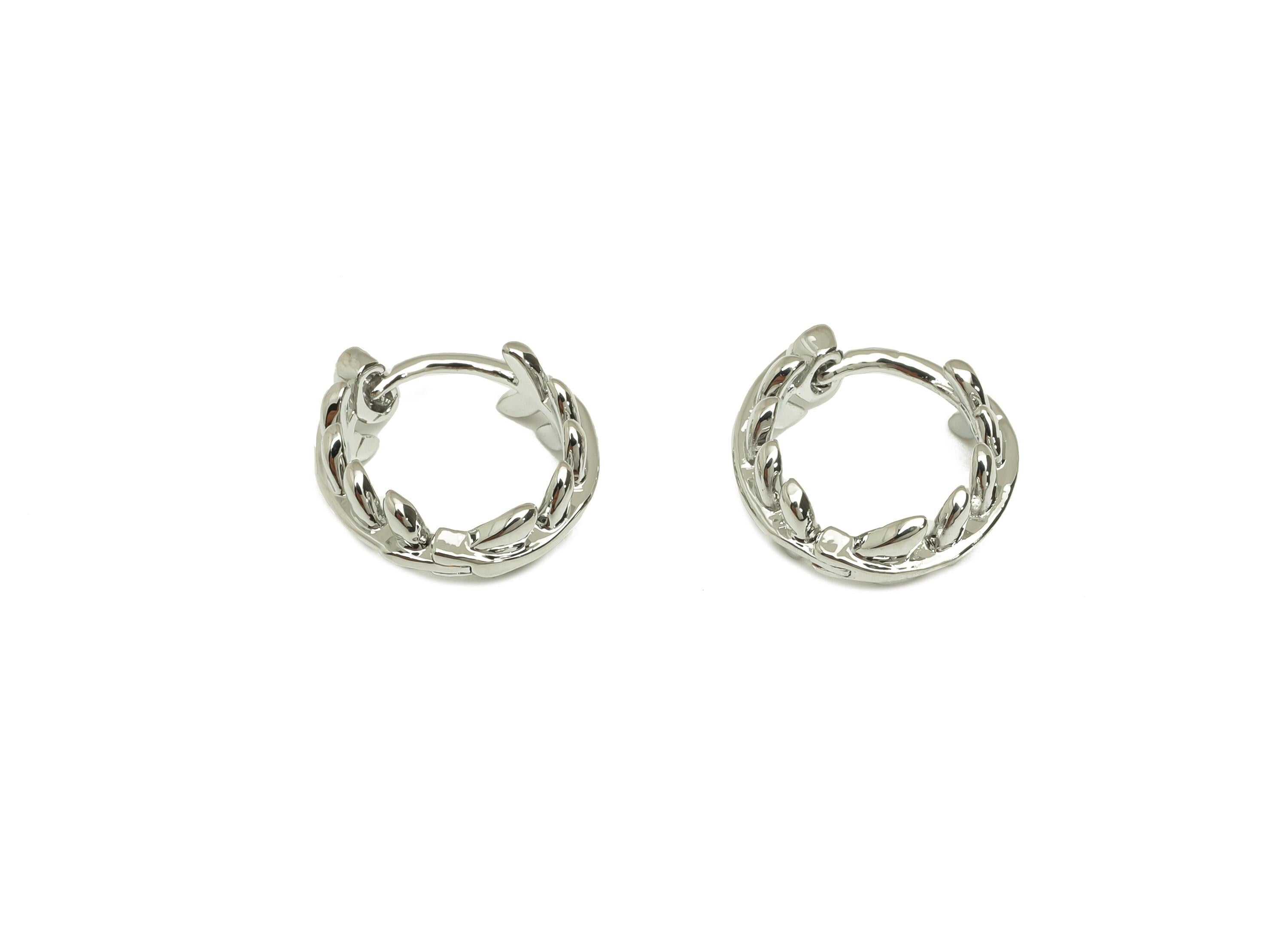 Brass Huggie Hoop Earring - Brass Leaf Earring Clasp - Branch Hoop Clasp Earring - 18K Real White Gold Plating - 12.78x12.57x4.7mm - RGP7821 - DOMEDBAZAAR