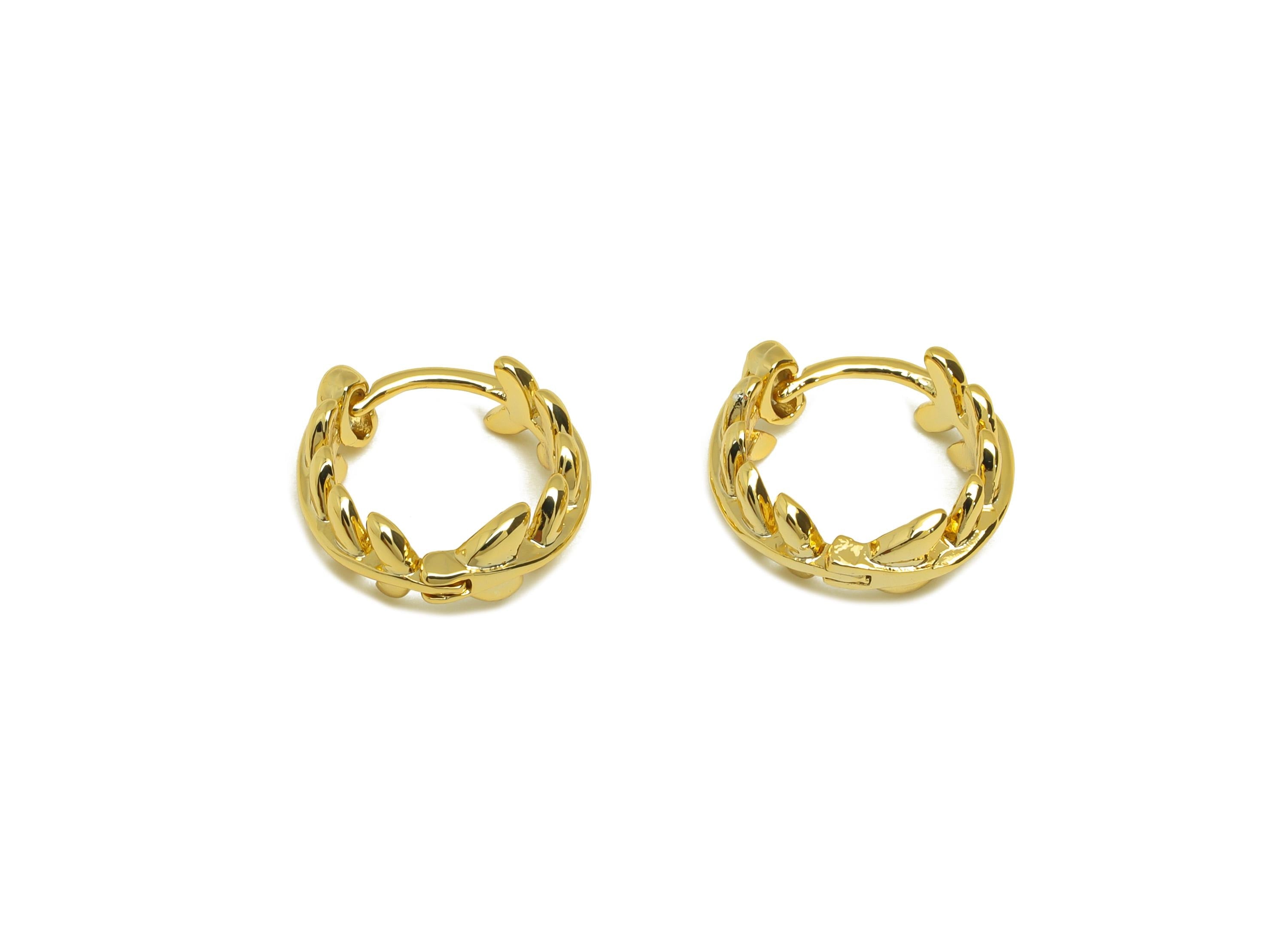 Brass Huggie Hoop Earring - Brass Leaf Earring Clasp - Branch Hoop Clasp Earring - 18K Real Gold Plating - 12.78x12.57x4.7mm - RGP7832 - DOMEDBAZAAR