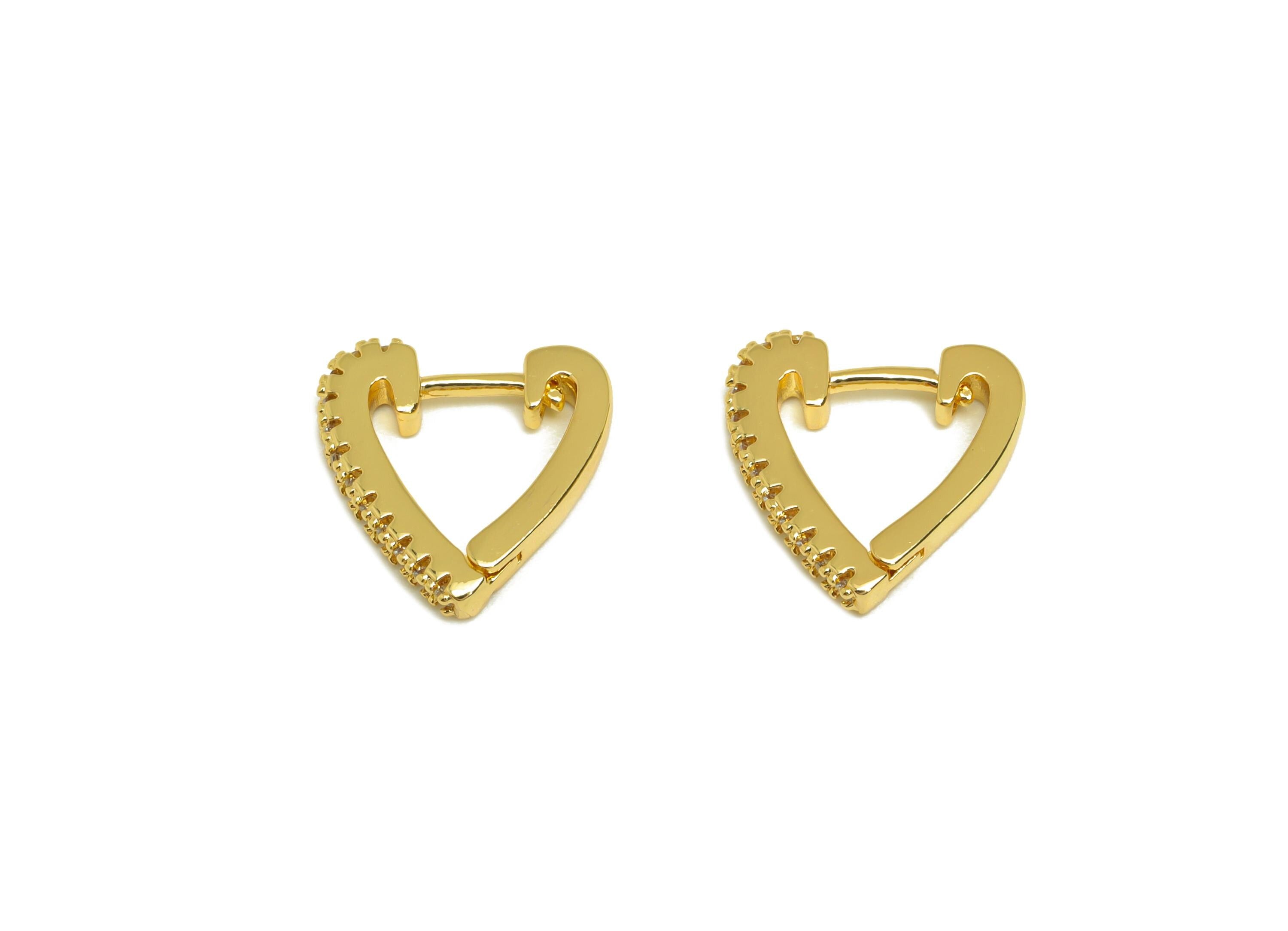 Brass Huggie Hoop Earring - Brass Heart Earring Clasp - Cubic Zircon Hoop Clasp Earring - 18K Real Gold Plating - 13x12.7x2.14mm - RGP7810 - DOMEDBAZAAR
