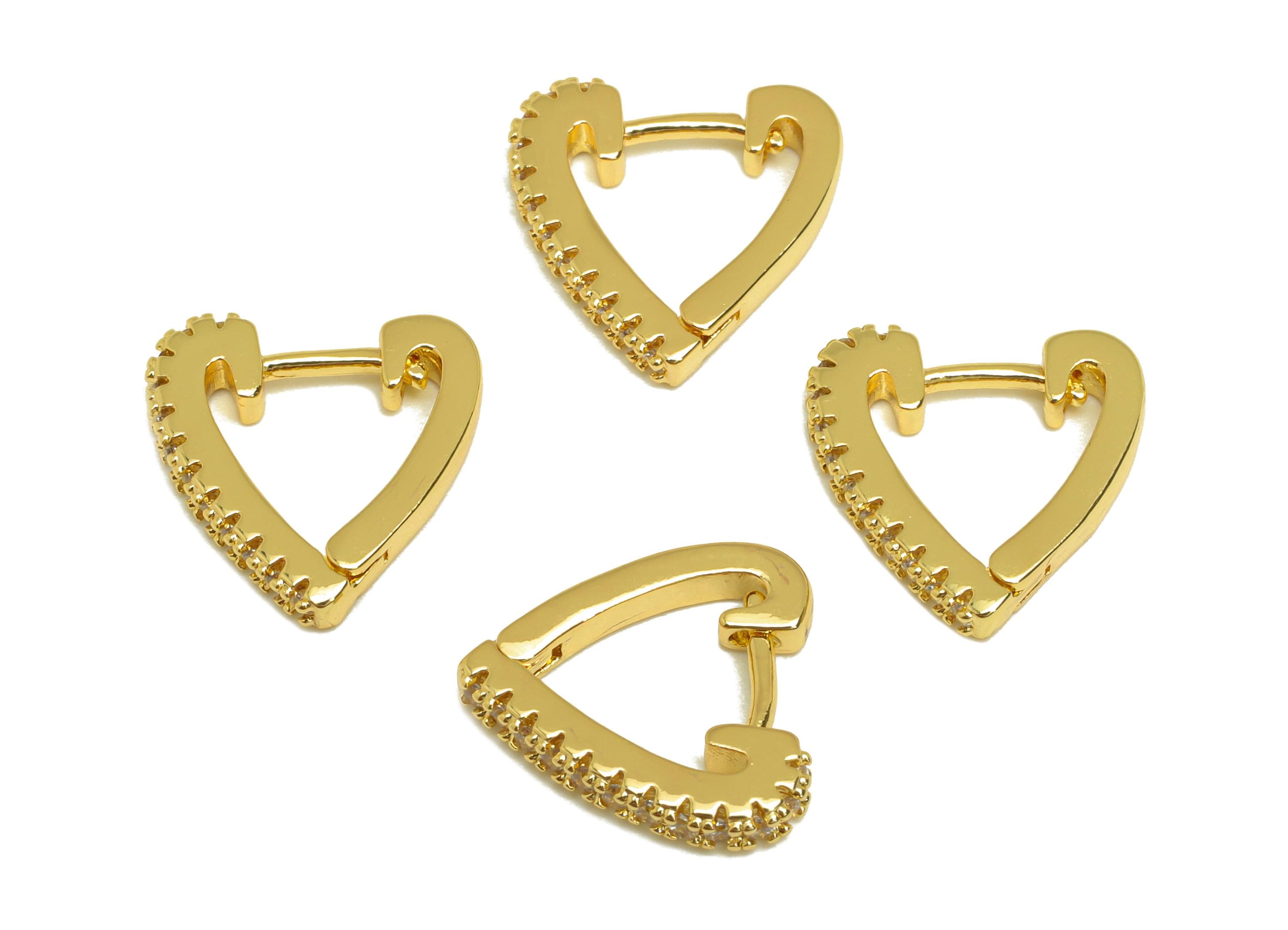 Brass Huggie Hoop Earring - Brass Heart Earring Clasp - Cubic Zircon Hoop Clasp Earring - 18K Real Gold Plating - 13x12.7x2.14mm - RGP7810 - DOMEDBAZAAR