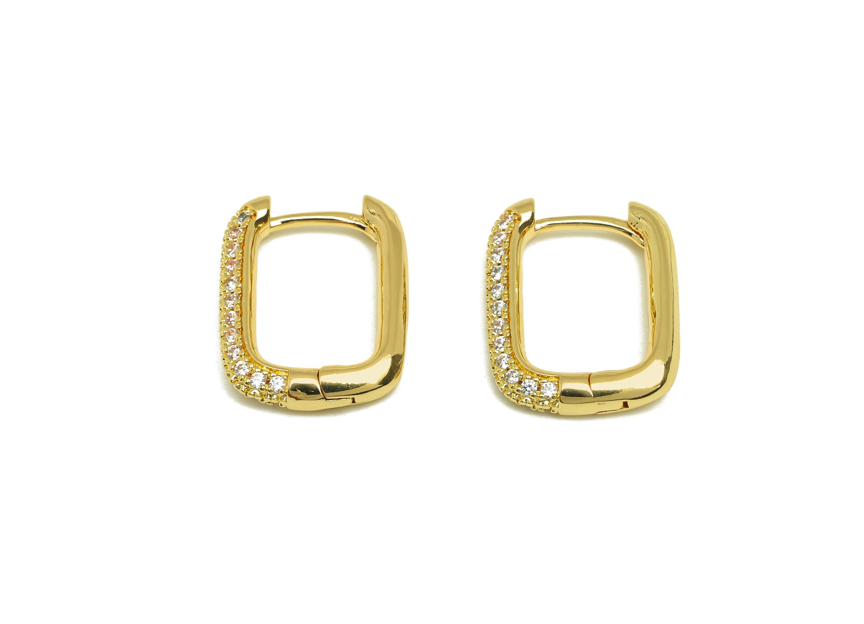 Brass Huggie Hoop Earring - Brass Rectangle Earring Clasp - Zircon Hoop Clasp Earring - 18K Real Gold Plating - 19.42x14x3mm - RGP7815 - DOMEDBAZAAR