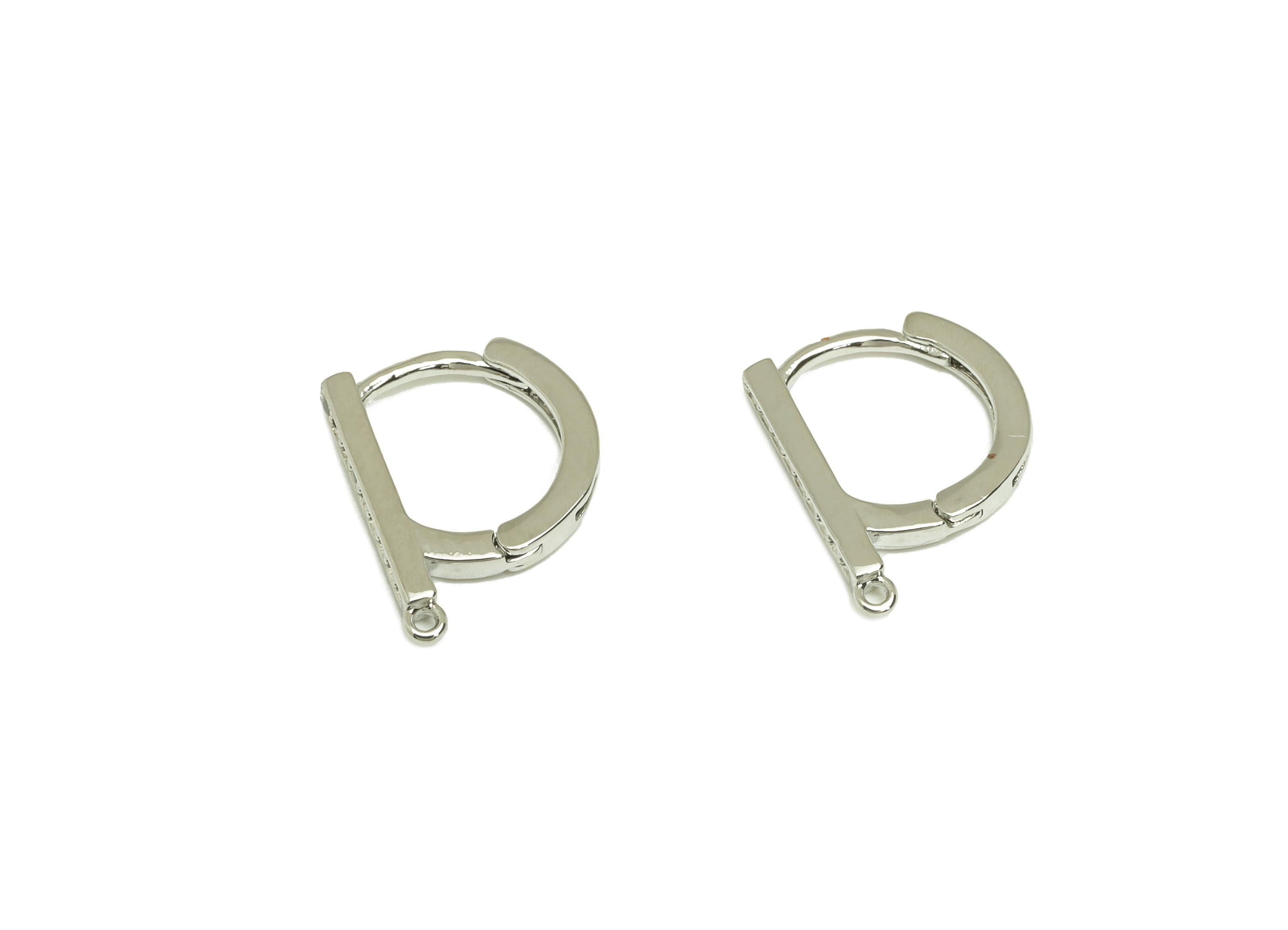 Brass CZ Hoop - Brass Bar Earring Clasp - Brass Zircon Hoop Clasp Earring - Rectangle Bar - 18K Real White Gold Plating - 12x10x1mm -RGP7807 - DOMEDBAZAAR