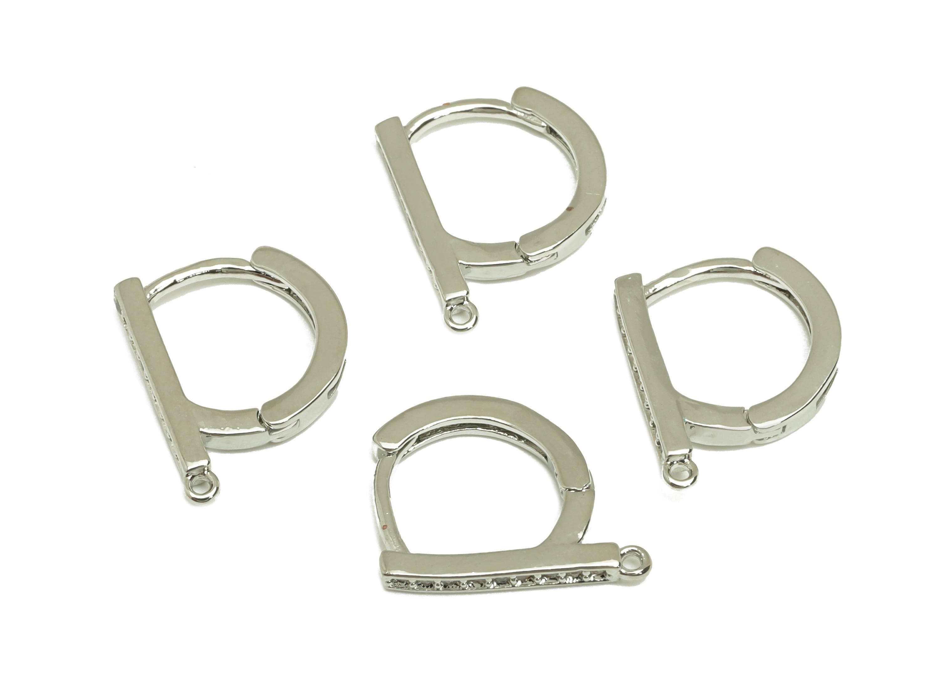 Brass CZ Hoop - Brass Bar Earring Clasp - Brass Zircon Hoop Clasp Earring - Rectangle Bar - 18K Real White Gold Plating - 12x10x1mm -RGP7807 - DOMEDBAZAAR