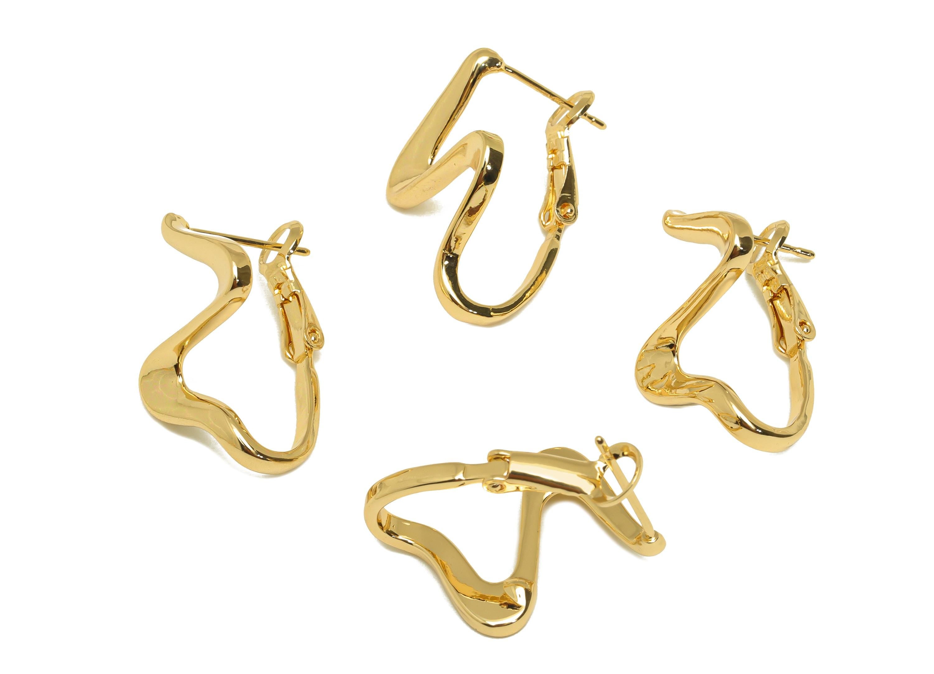 Brass Z Hinged Back Earring - Gold Wave Hinged Back Hoop Earring - Wave Huggie Earring - 18K Real Gold Plating - 25.8x18.9x12.8mm - RGP7592 - DOMEDBAZAAR