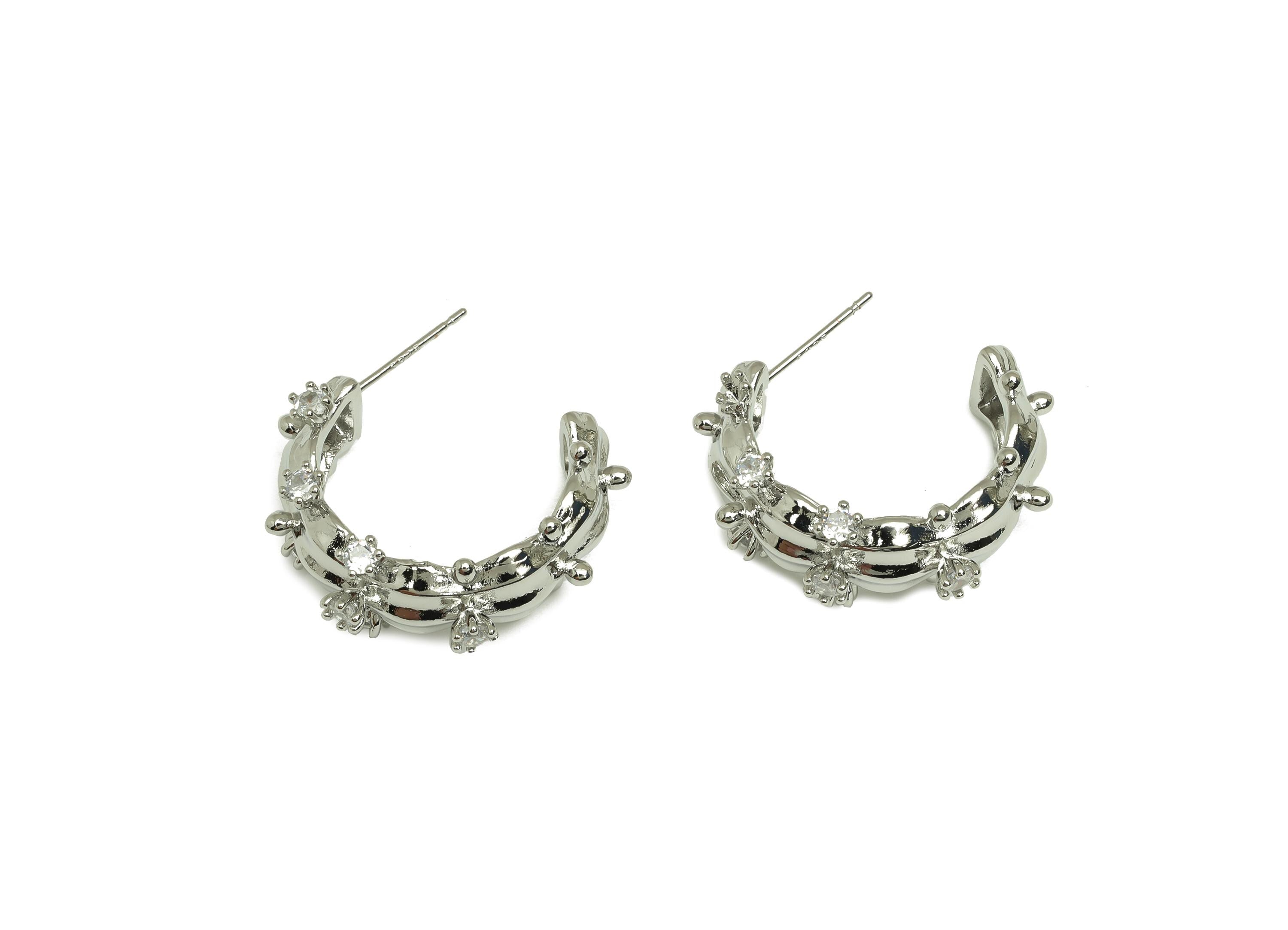 Brass C Hoop Earring - White Zircon Wave Hoop Ear Stud - CZ Round Textured Open Ear Post - 18K Real White Gold Plating -25x23x5.3mm- RGP7594 - DOMEDBAZAAR