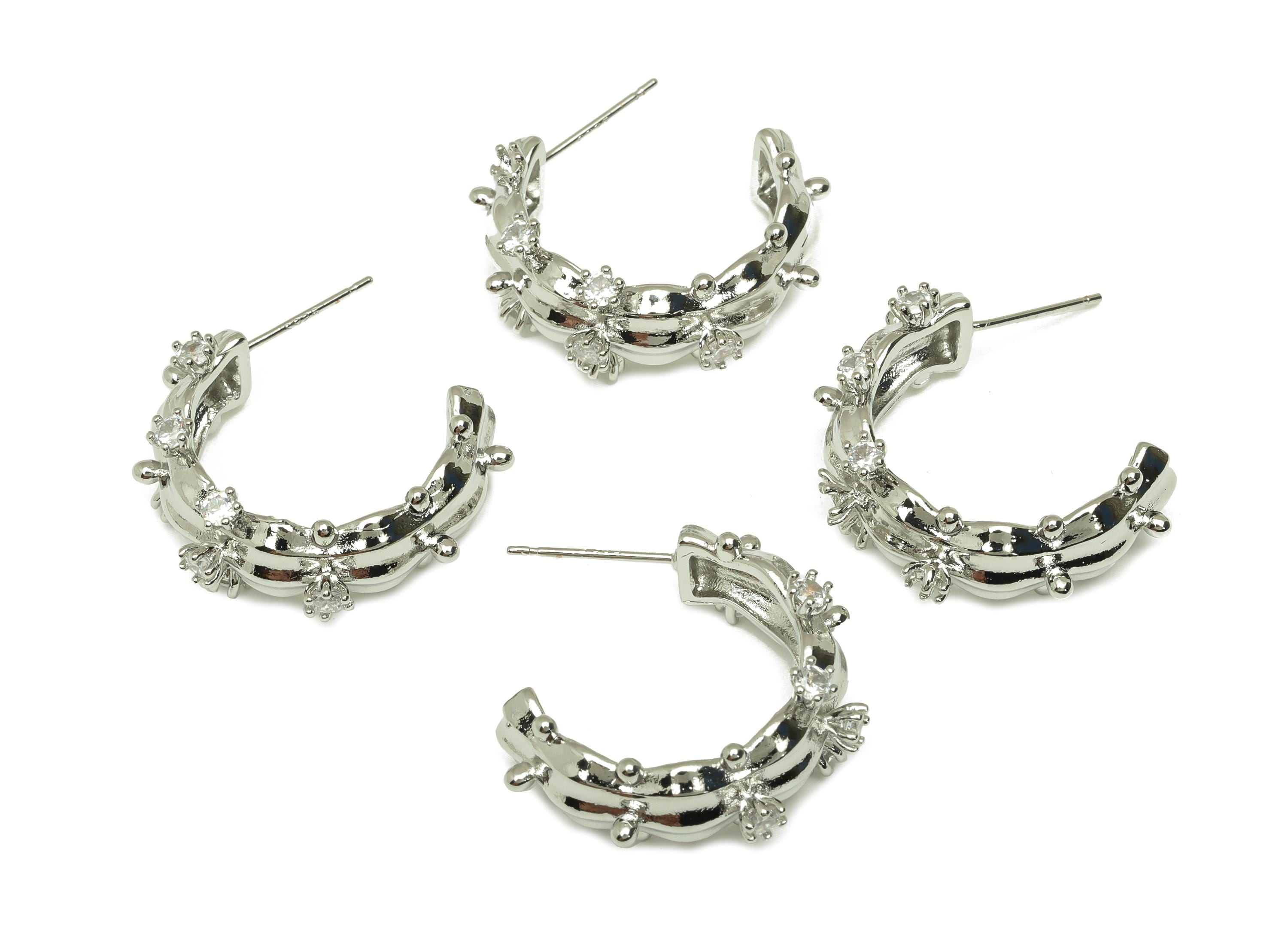 Brass C Hoop Earring - White Zircon Wave Hoop Ear Stud - CZ Round Textured Open Ear Post - 18K Real White Gold Plating -25x23x5.3mm- RGP7594 - DOMEDBAZAAR
