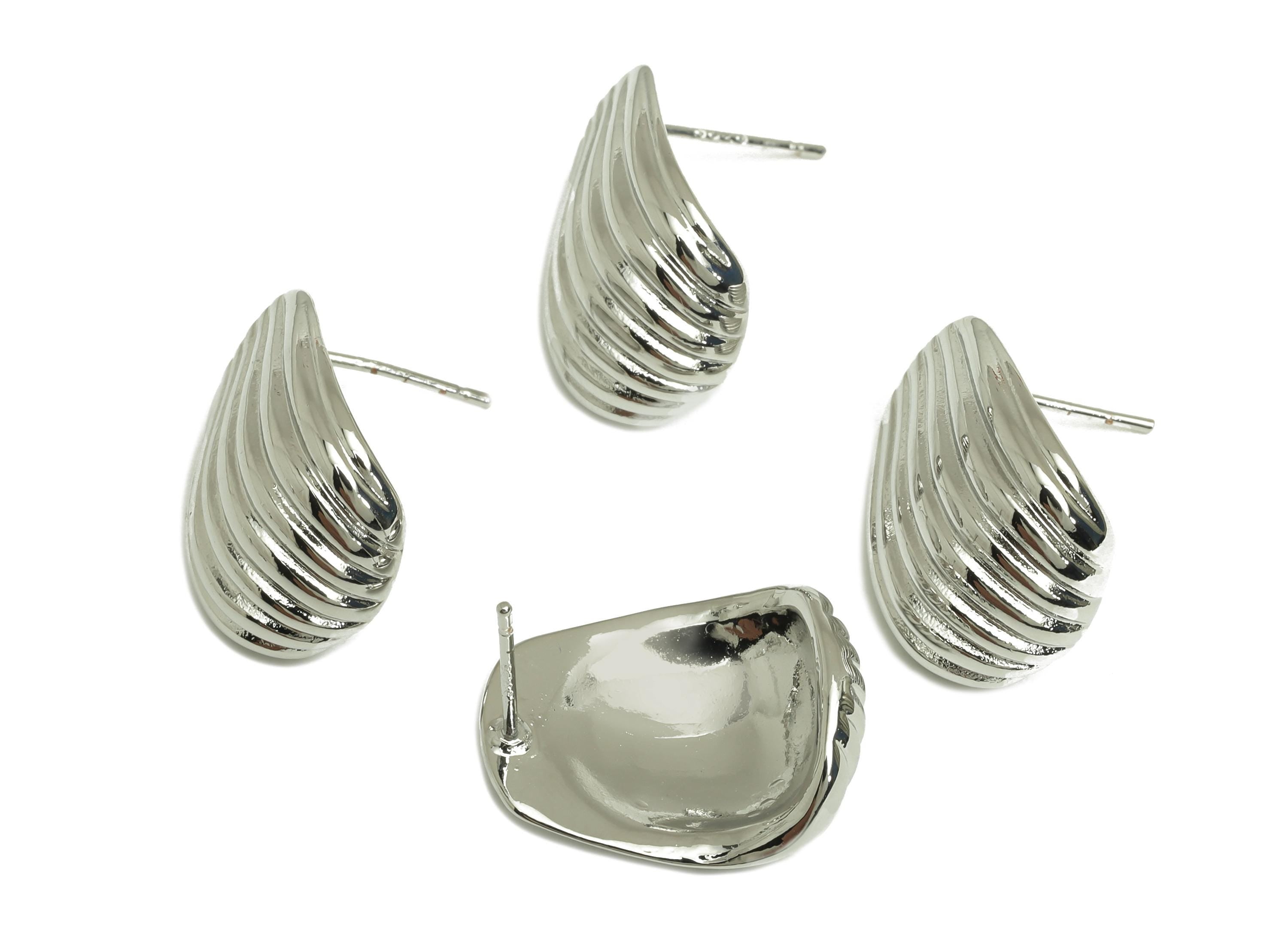 Brass Conch Earring Stud - White Whelk Seashell Conch Ear Post - Textured Conch Earring - 18K Real White Gold Plated - 19x15x6.35mm -RGP7596 - DOMEDBAZAAR