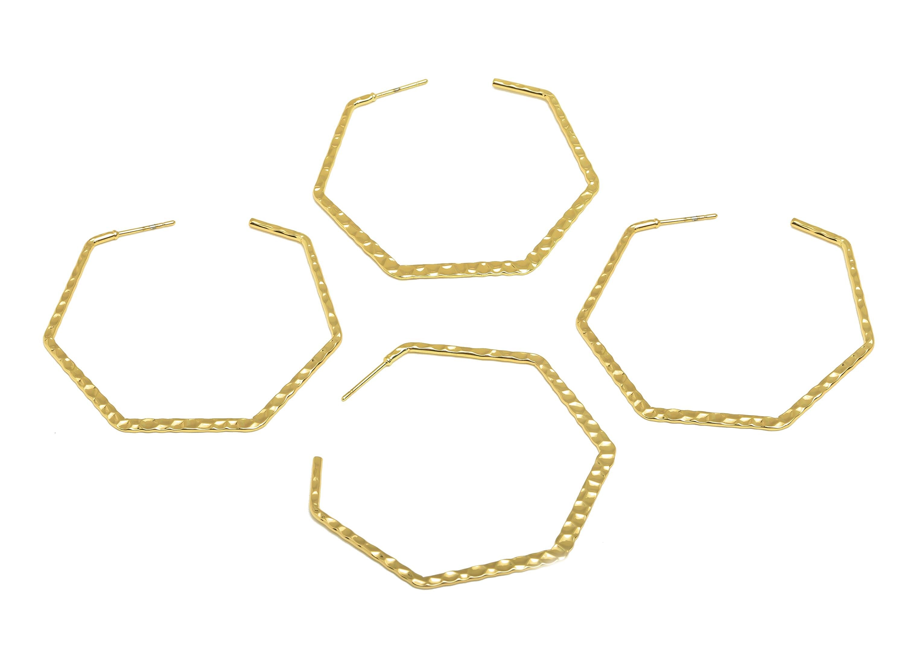Brass Hexagon Earring Stud - Brass Hammered Earring Post - Geometry Hoop Earring Post - 18K Real Gold Plated - 48x50x1.29mm -RGP7868 - DOMEDBAZAAR
