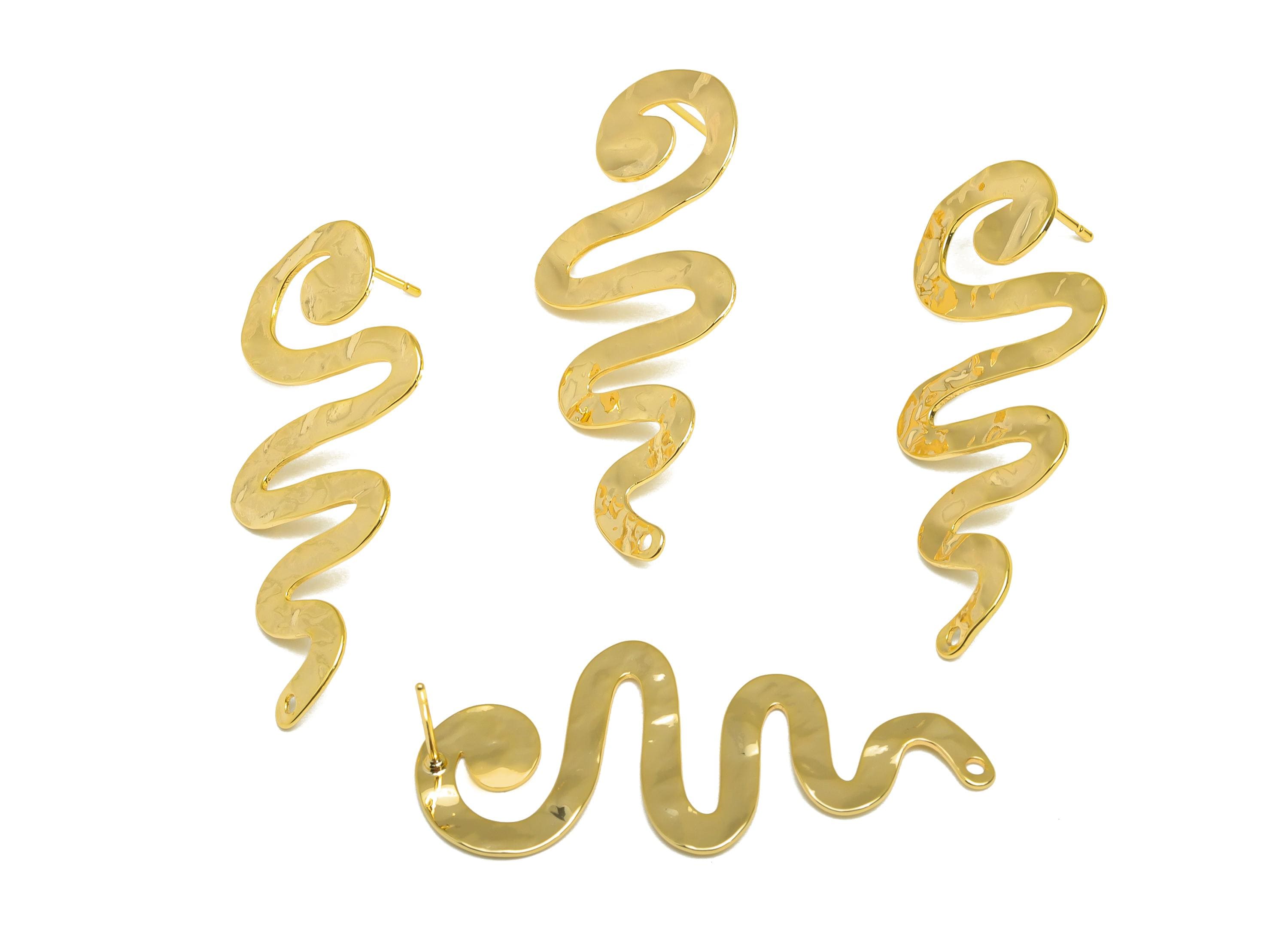 Brass Snake Earring Stud - Brass Hammered Earring Post - Brass Animal Earring Post - 18K Real Gold Plated - 44.9x19.89x0.88mm -RGP7869 - DOMEDBAZAAR