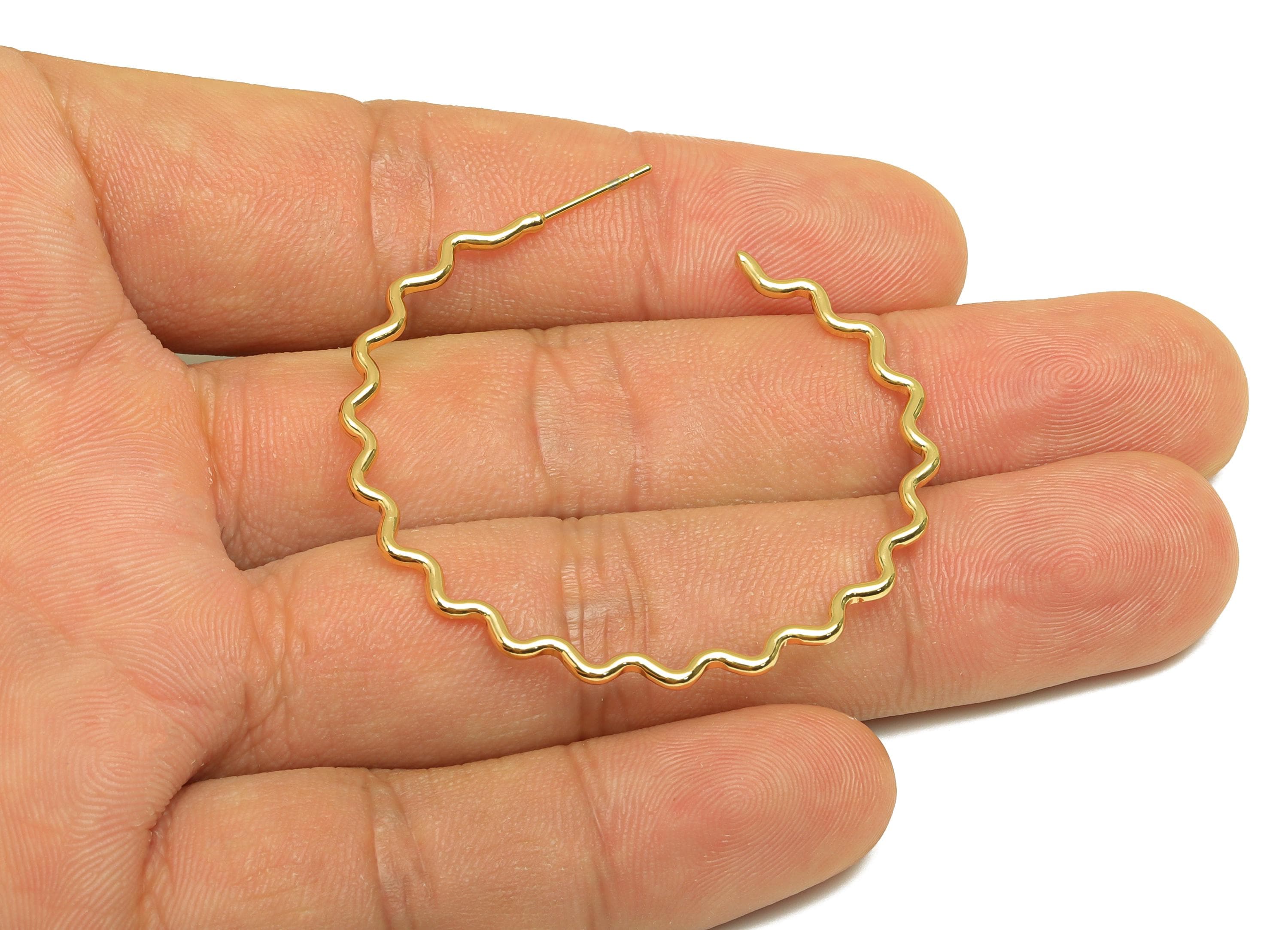 Brass Hoop Earring Stud - Brass Open Hoop Earring Post - Brass Wavy Hoop Earring Post - 18K Real Gold Plated - 46x44.88x1.38mm - RGP7859 - DOMEDBAZAAR