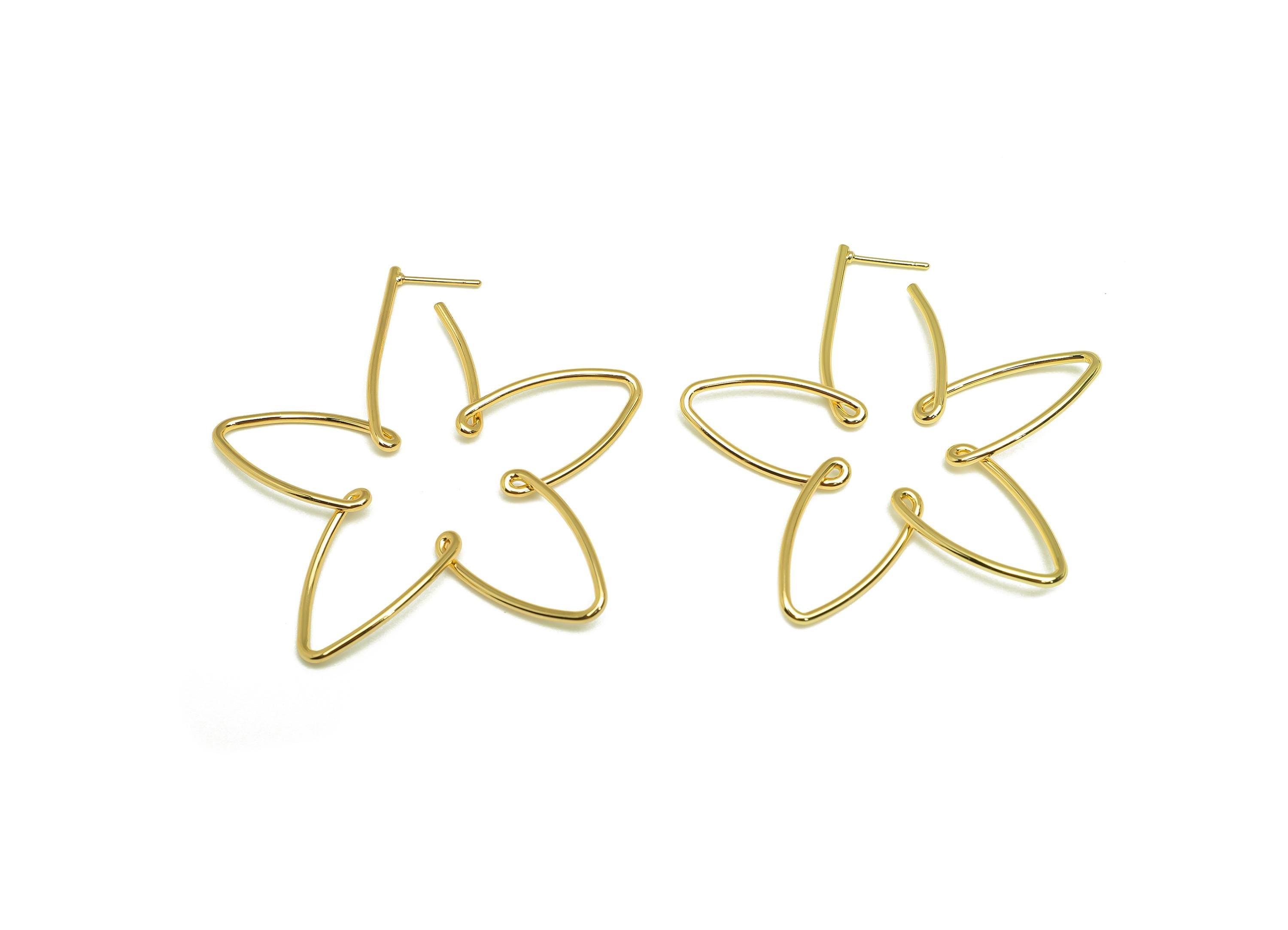 Brass Flower Earring Stud - Brass Flower Wire Earring Post - Brass Flower Earring Post - 18K Real Gold Plated - 57.64x52.2x1.4mm - RGP7842 - DOMEDBAZAAR