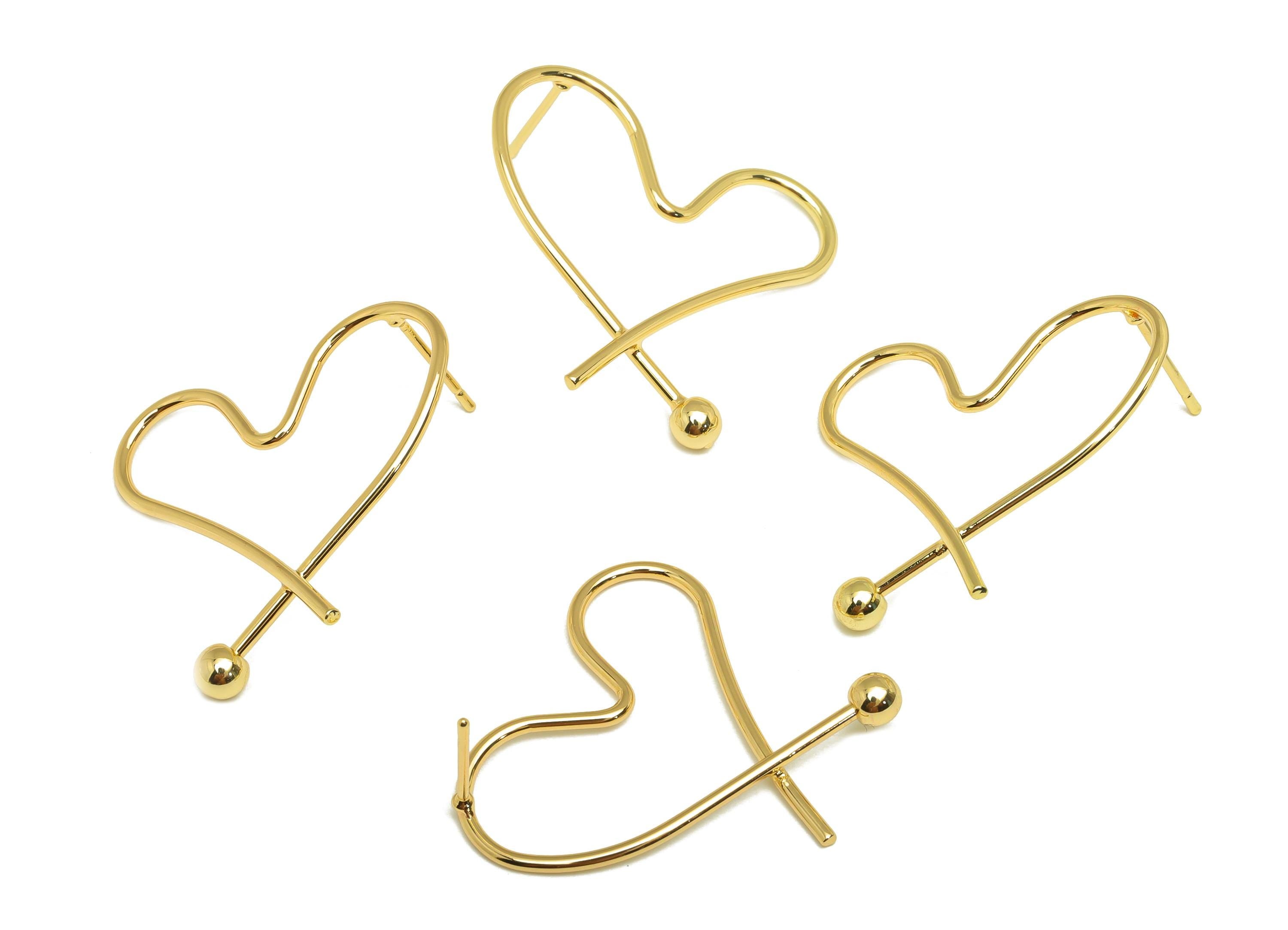 Brass Heart Earring Stud - Brass Heart Wire Earring Post - Brass Heart Ball Earring Post - 18K Real Gold Plating - 33.88x28.83x1mm - RGP7850 - DOMEDBAZAAR