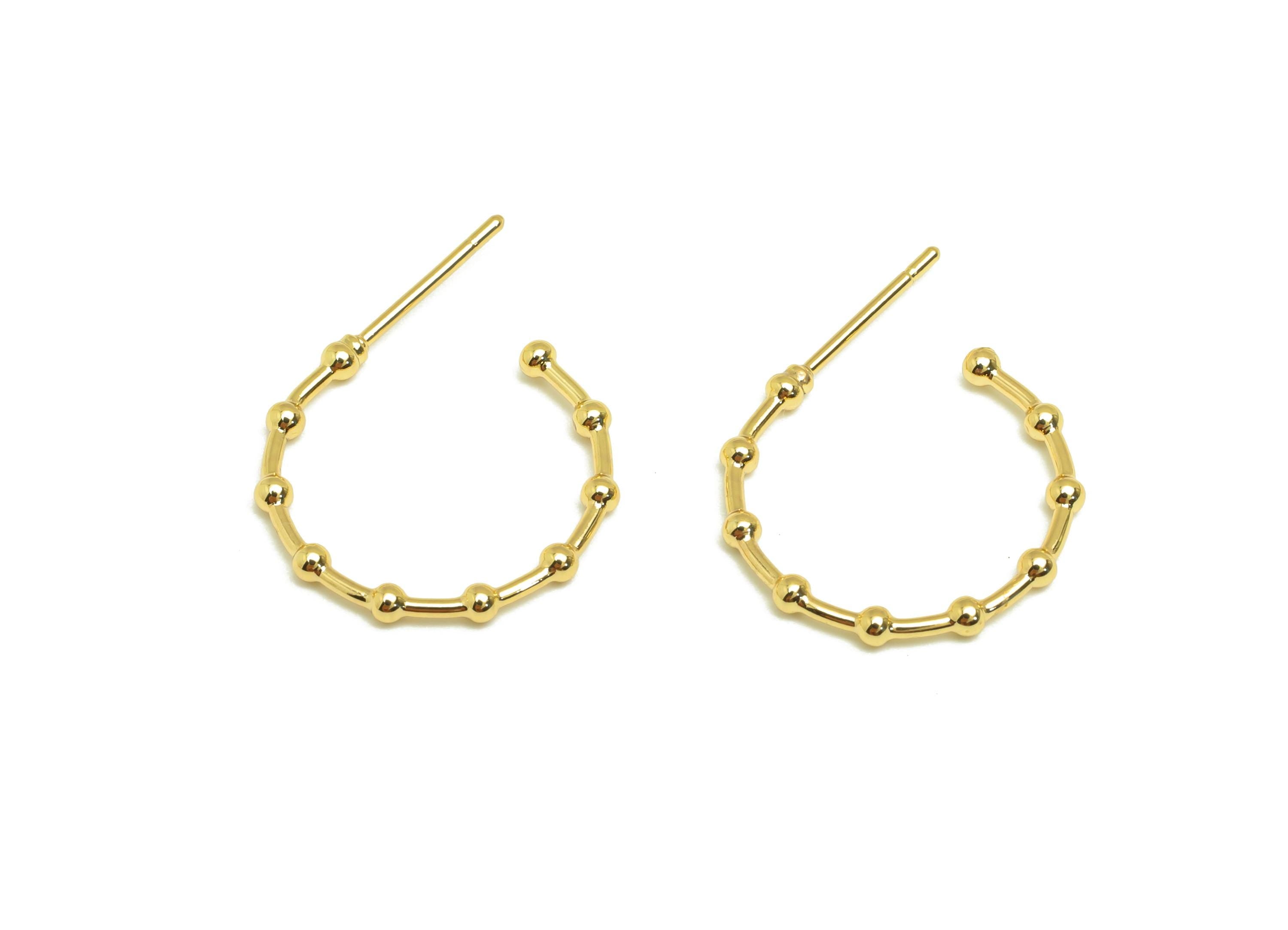 Brass Hoop Earring Stud - Brass Open Hoop Earring Post - Geometry Beaded Hoop Earring Post - 18K Real Gold Plating - 24x18x1.83mm -RGP7862 - DOMEDBAZAAR