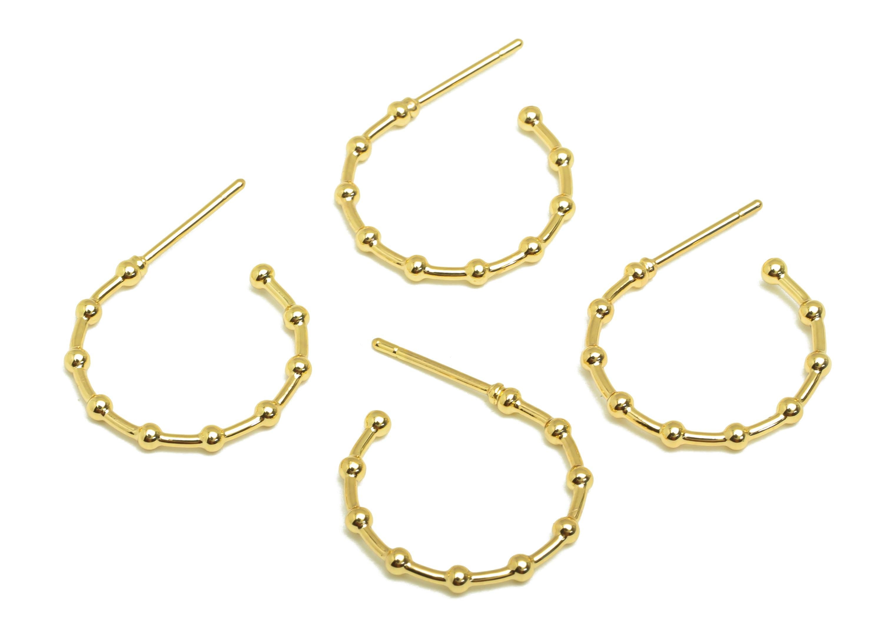 Brass Hoop Earring Stud - Brass Open Hoop Earring Post - Geometry Beaded Hoop Earring Post - 18K Real Gold Plating - 24x18x1.83mm -RGP7862 - DOMEDBAZAAR