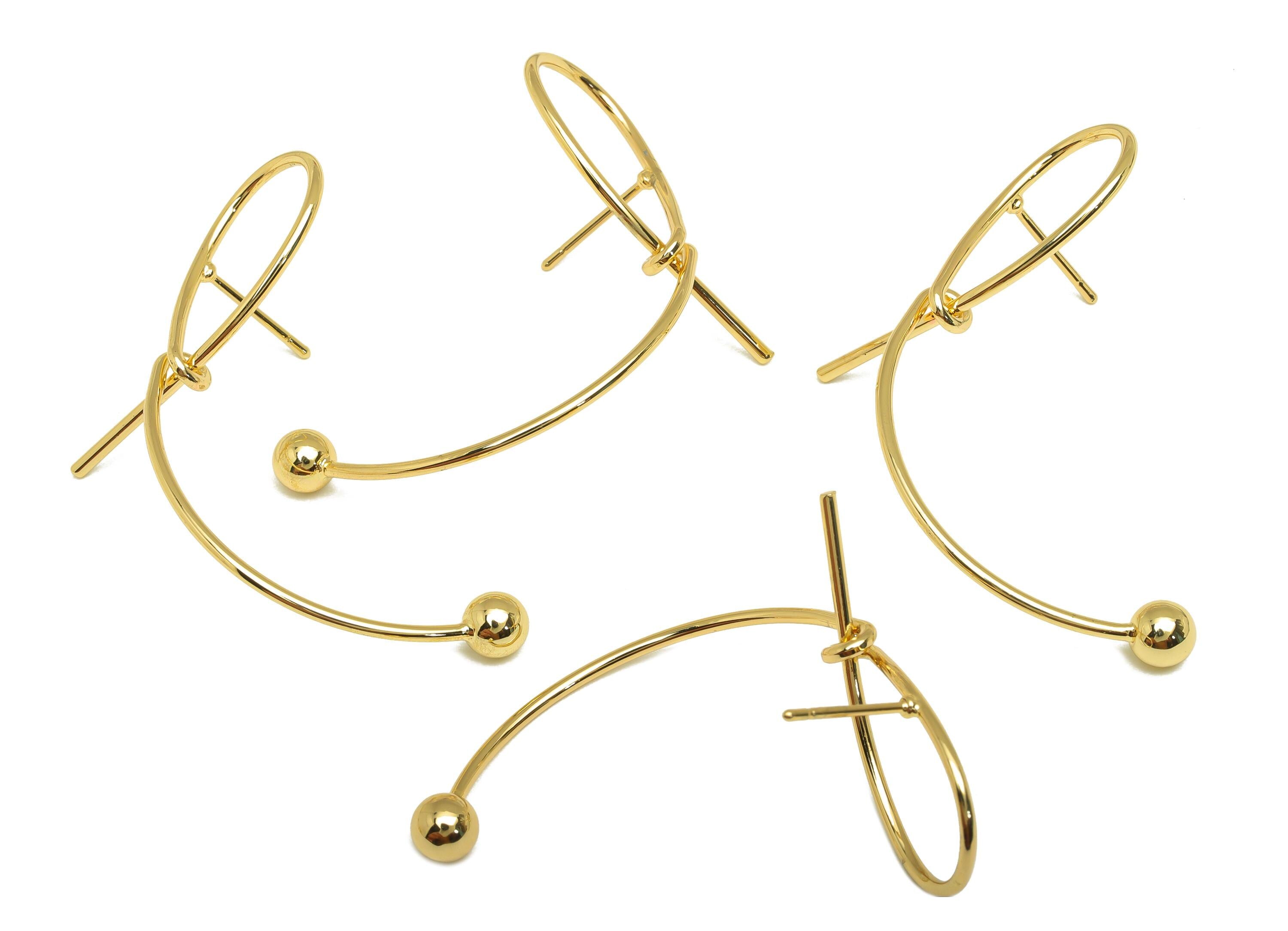Brass Knot Wire Earring Stud - Bent Ball Wire Earring Post - Curved Bead Earring Post - 18K Real Gold Plating - 44.23x25.28x1.06mm - RGP7854 - DOMEDBAZAAR