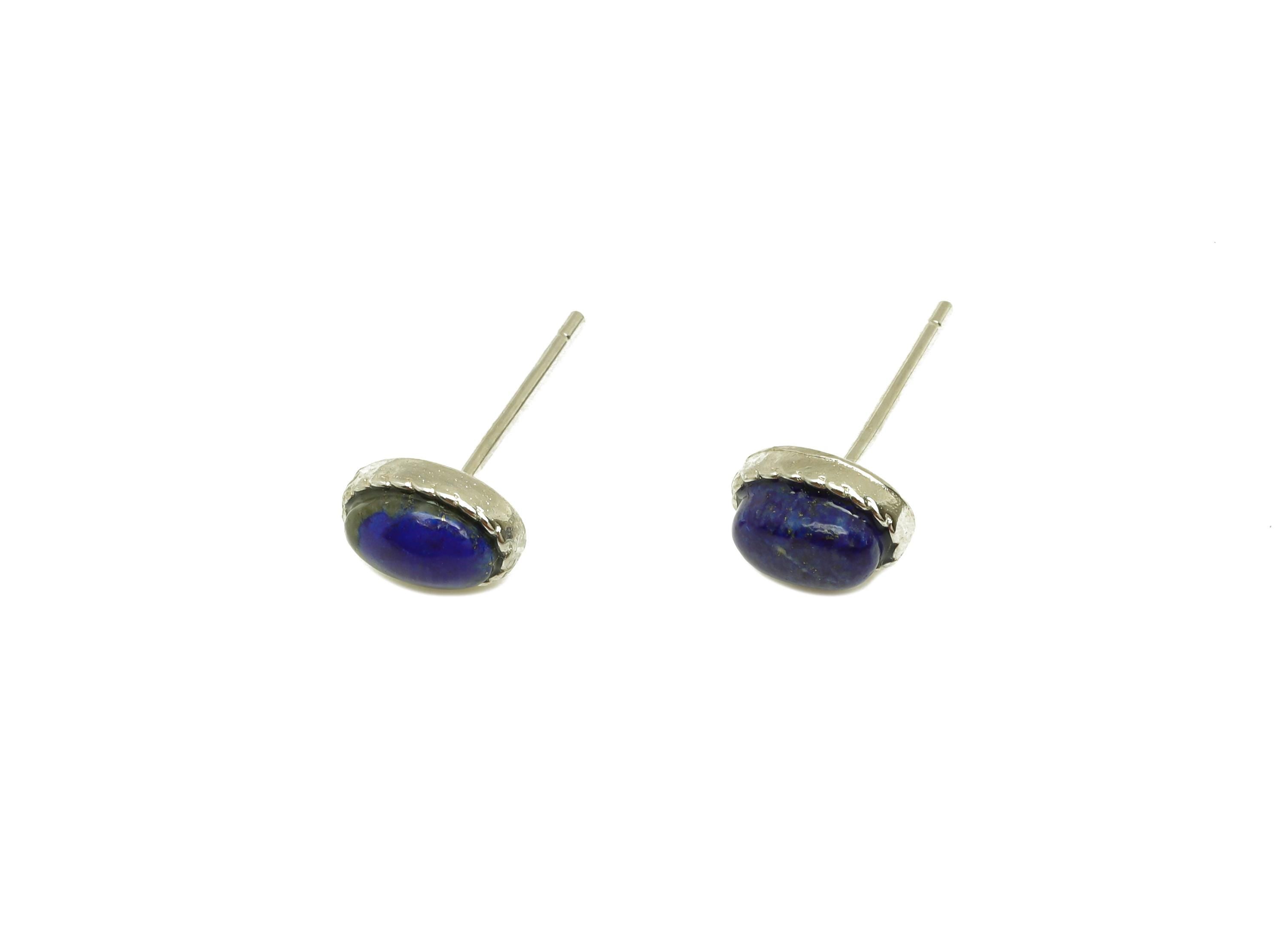 Brass Lapis Earring Stud - Brass Blue Lazuli Earring Post - Oval Earring Post - Brass Stud - Silver Tone Plating - 14.83x7x0.74mm - RGP7270 - DOMEDBAZAAR