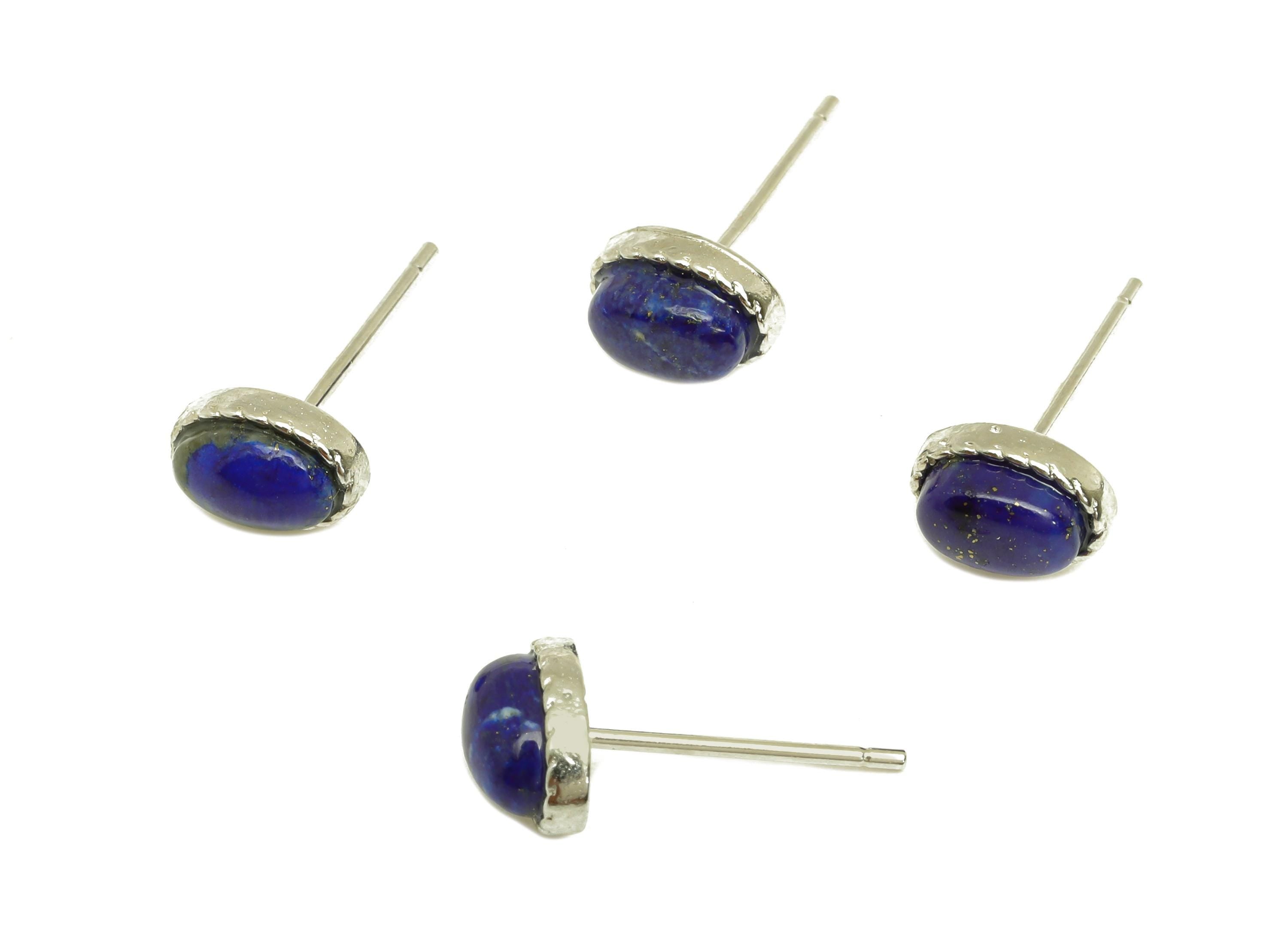 Brass Lapis Earring Stud - Brass Blue Lazuli Earring Post - Oval Earring Post - Brass Stud - Silver Tone Plating - 14.83x7x0.74mm - RGP7270 - DOMEDBAZAAR