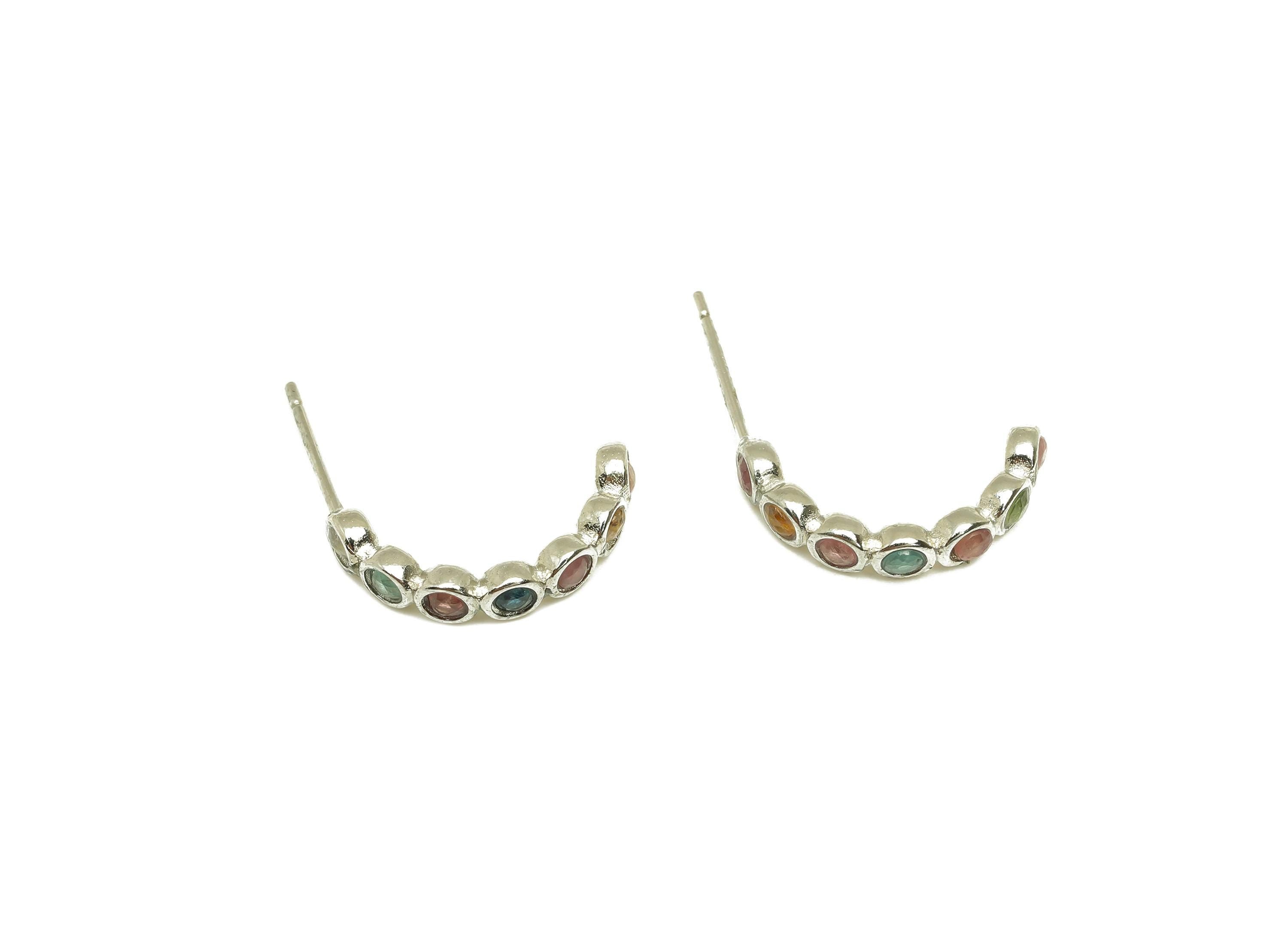 Brass Tourmaline Earring Stud - Brass Hoop Earring Post - Rainbow Hoop Earring Post - Silver Tone Plating - 17.92x3.49x0.74mm - RGP7281 - DOMEDBAZAAR