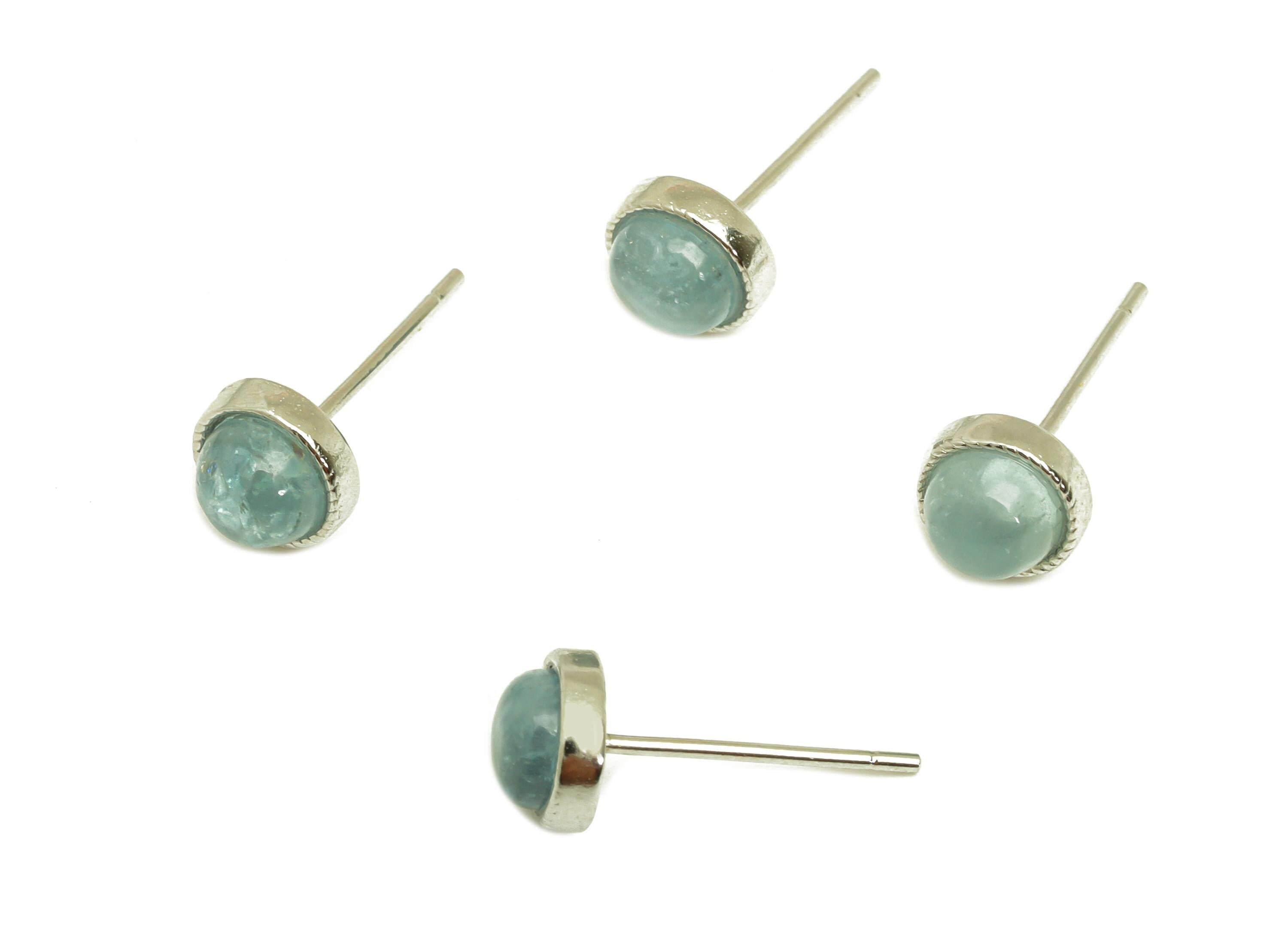 Brass Aquamarine Earring Stud - Brass Round Earring Post - Mini Circle Earring Post - Silver Tone Plating - 15.48x6.32x0.69mm - RGP7283 - DOMEDBAZAAR