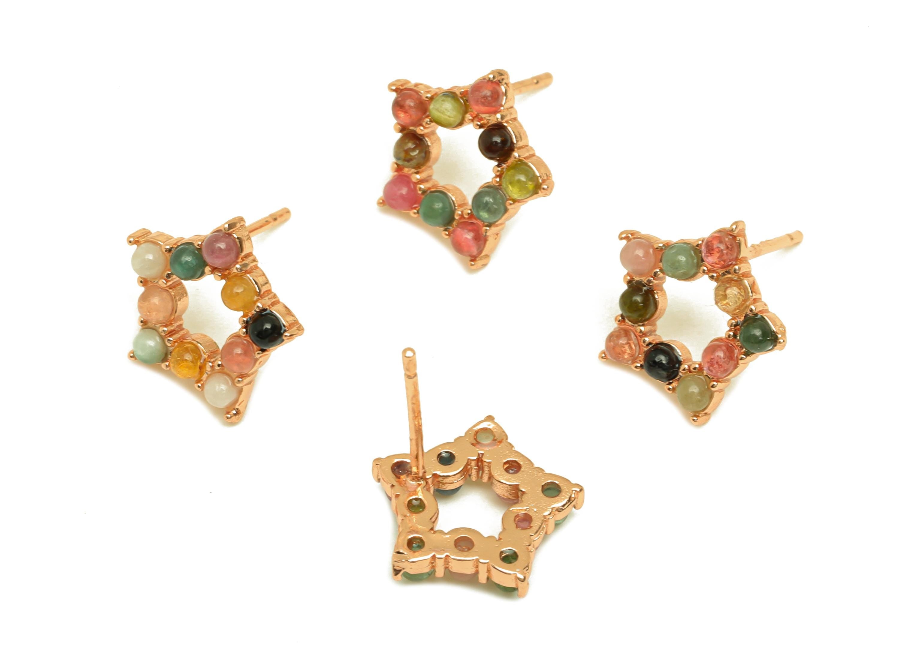 Brass Tourmaline Earring Stud - Brass Star Earring Post - Rainbow Earring Post - Brass Stud - Rose Gold Tone Plating - 14x12x0.9mm - RGP7280 - DOMEDBAZAAR