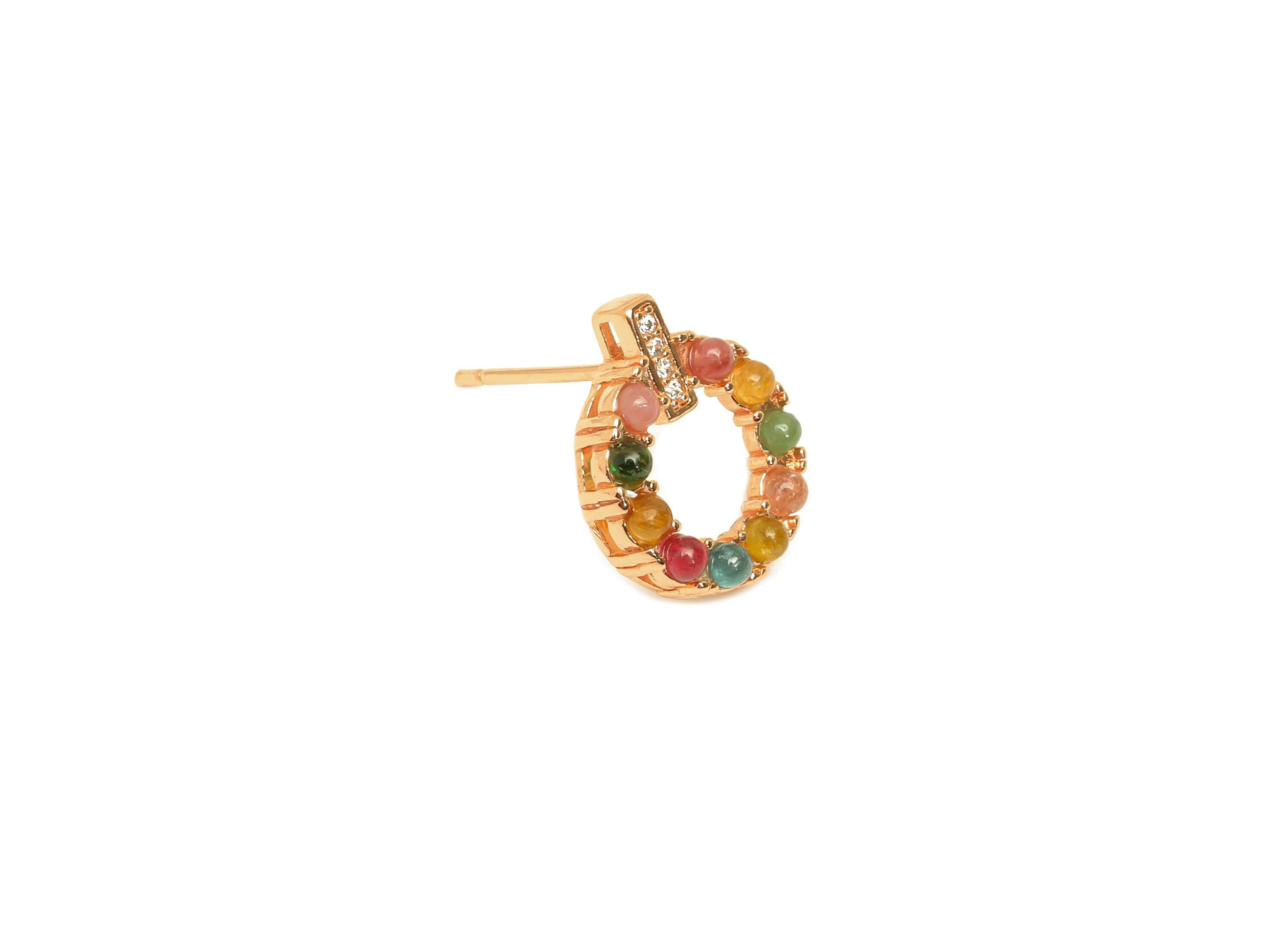 Brass Tourmaline Earring Stud - Brass Cubic Zircon Earring Post - Rainbow Earring Post - Rose Gold Tone Plating - 15x12x0.79mm - RGP7279 - DOMEDBAZAAR