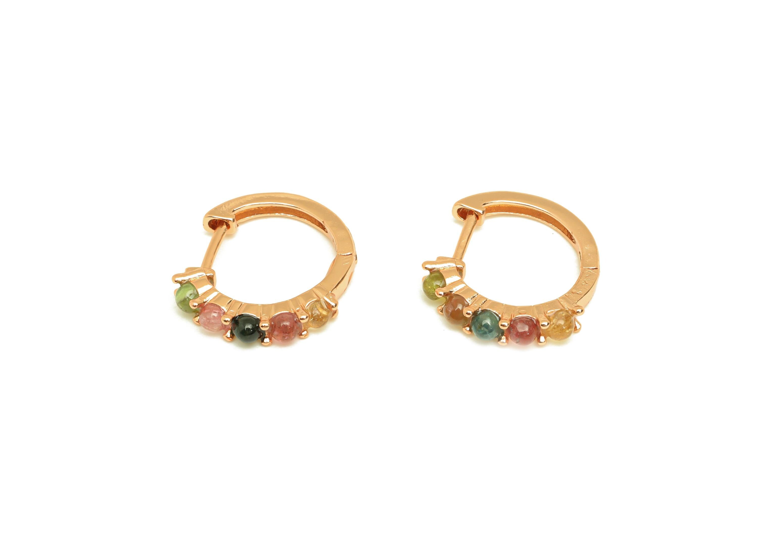 Brass Tourmaline Hoop Earring - Brass Huggie Hoop Earring - Rainbow Huggie Hoop Clasp - Rose Gold Tone Plating - 16.17x3.21x0.83mm - RGP7278 - DOMEDBAZAAR