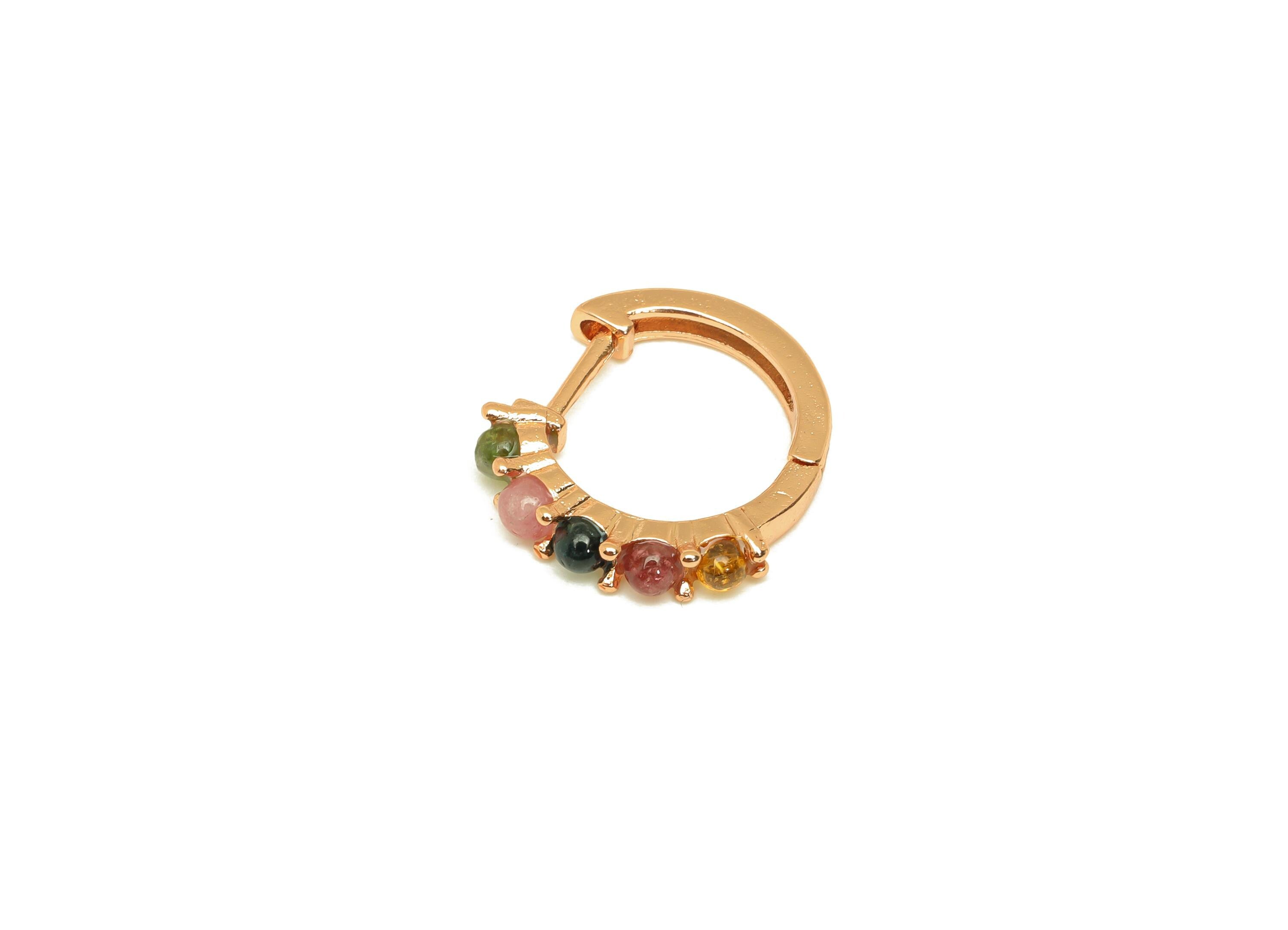 Brass Tourmaline Hoop Earring - Brass Huggie Hoop Earring - Rainbow Huggie Hoop Clasp - Rose Gold Tone Plating - 16.17x3.21x0.83mm - RGP7278 - DOMEDBAZAAR