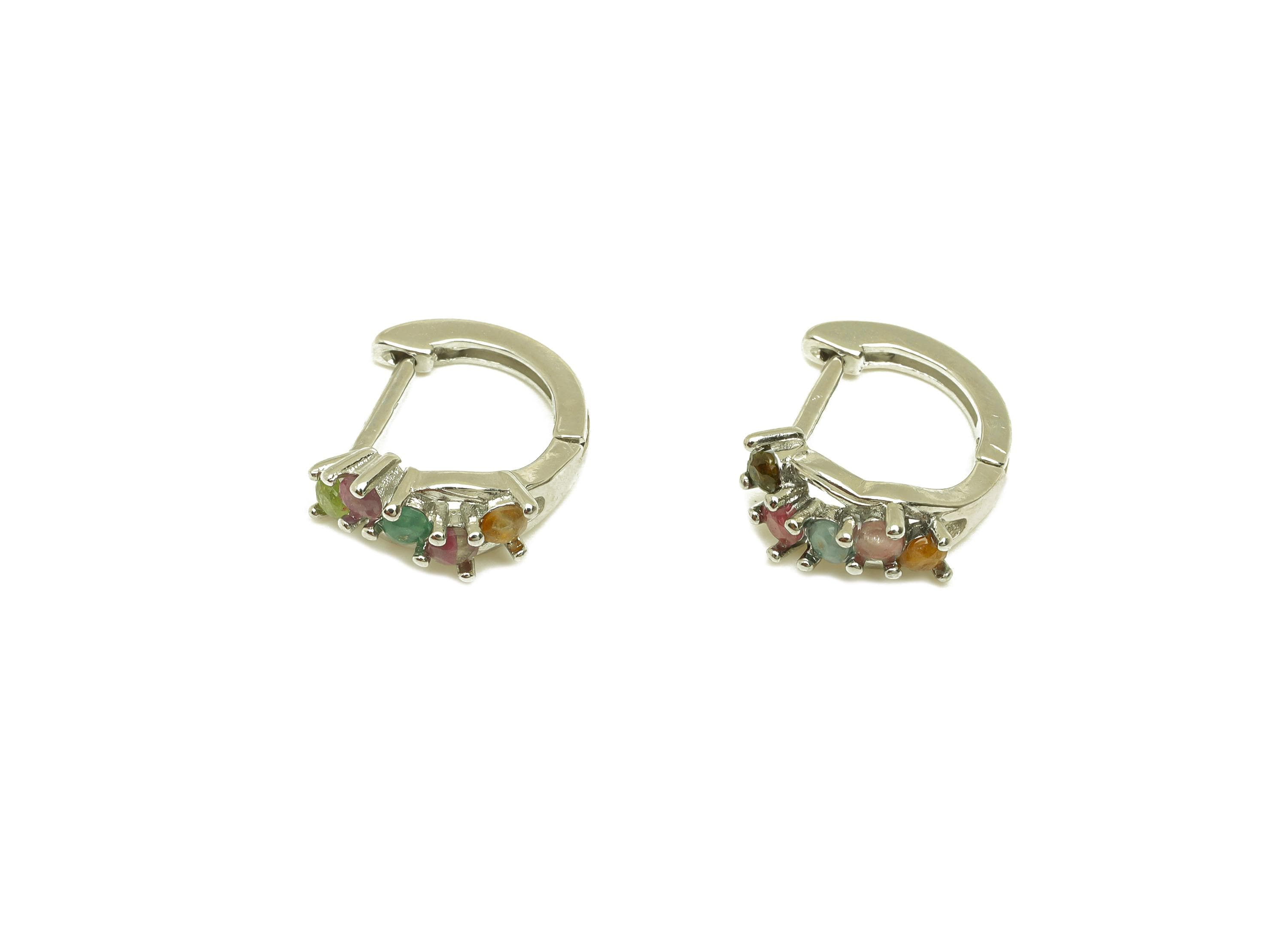 Brass Tourmaline Hoop Earring - Brass Huggie Hoop Earring - Rainbow Huggie Hoop Clasp - Silver Tone Plating - 15.59x5.56x1.18mm - RGP7282 - DOMEDBAZAAR