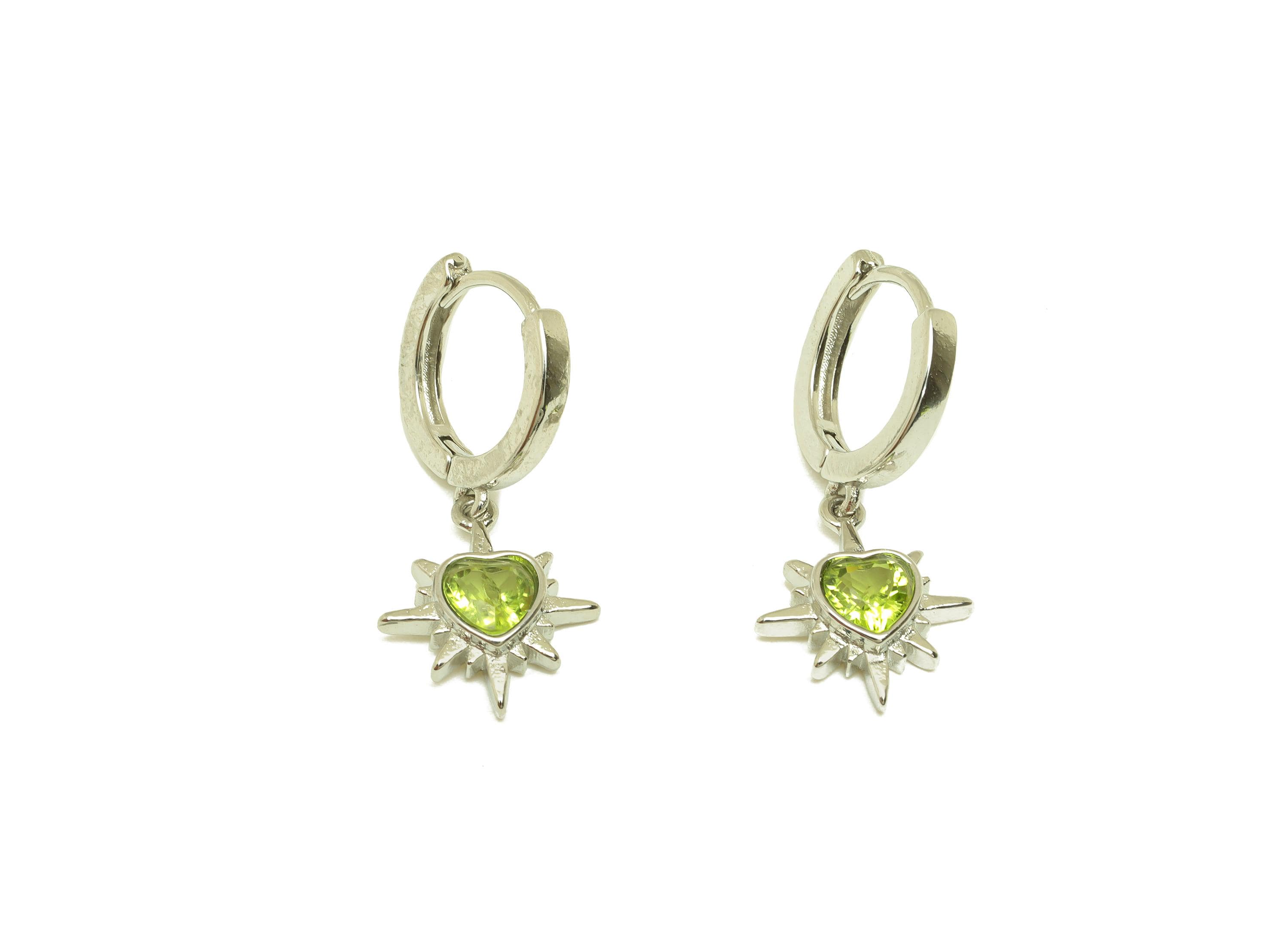 Brass Olivine Hoop Earring - Brass Peridot Huggie Hoop Earring - Heart Huggie Hoop Clasp - Silver Tone Plating - 28.53x12x0.92mm - RGP7276 - DOMEDBAZAAR