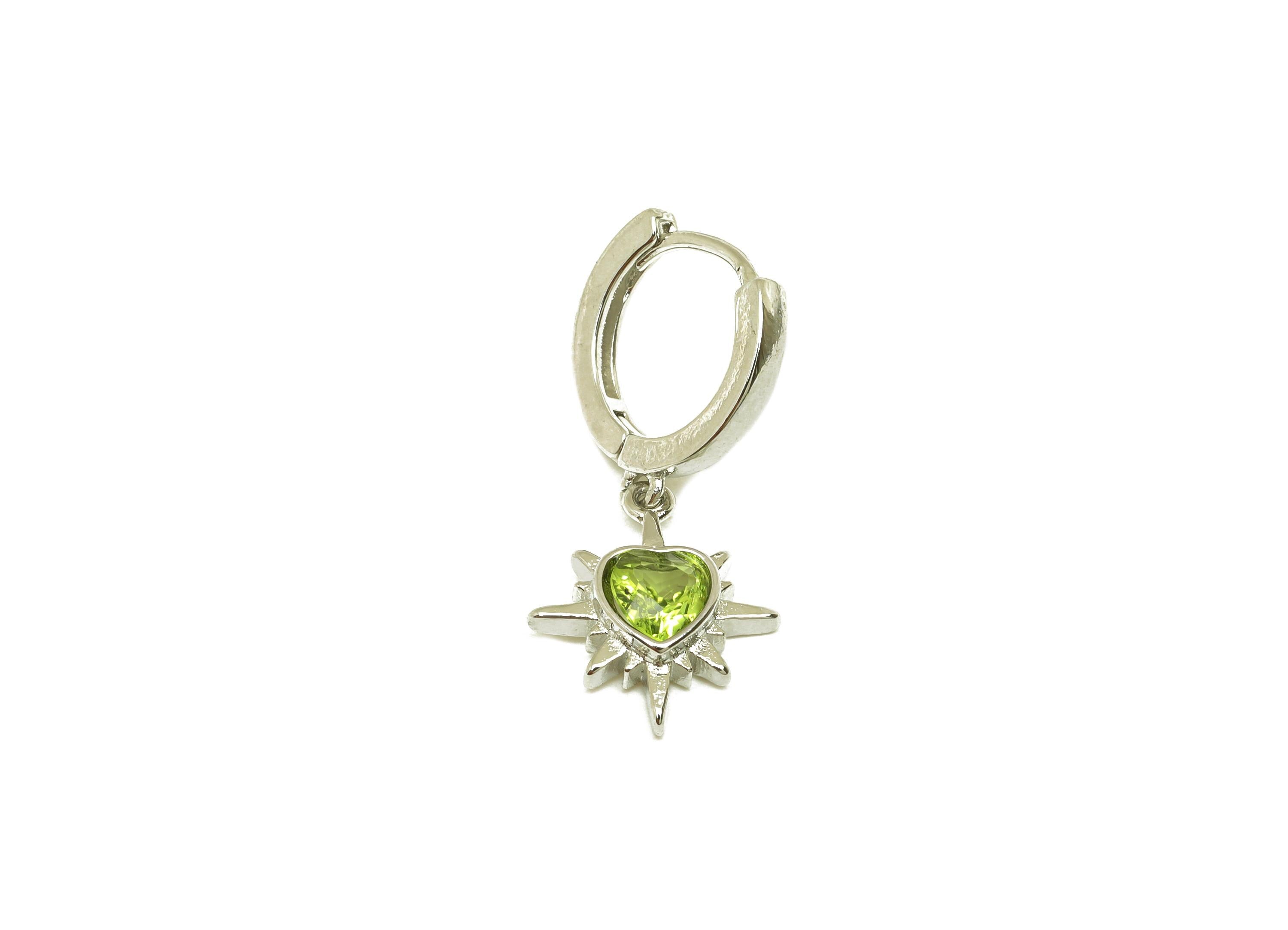 Brass Olivine Hoop Earring - Brass Peridot Huggie Hoop Earring - Heart Huggie Hoop Clasp - Silver Tone Plating - 28.53x12x0.92mm - RGP7276 - DOMEDBAZAAR