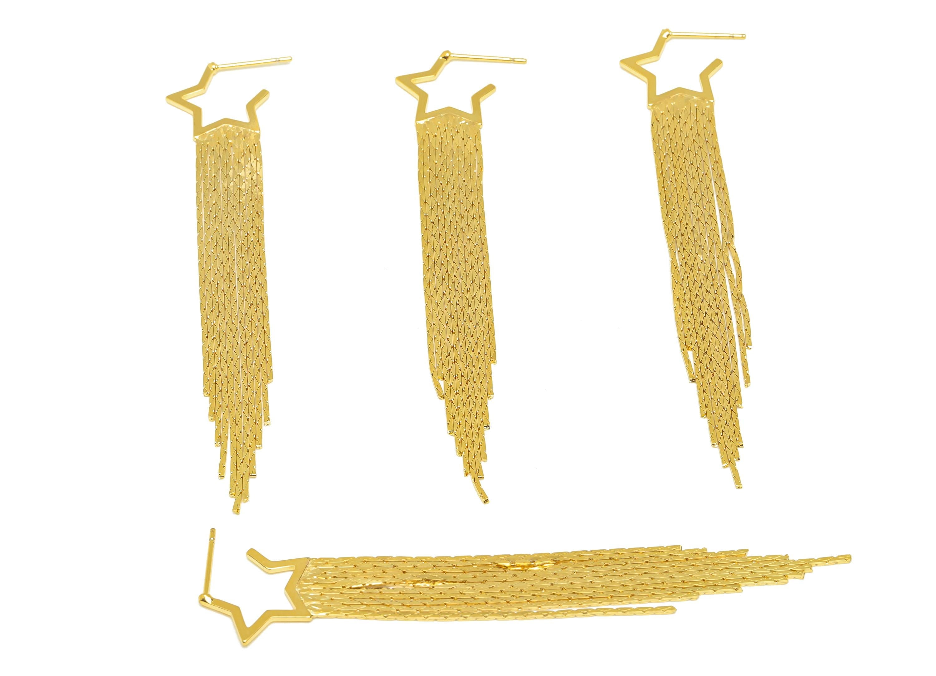 Brass Star Tassel Earring Stud - Open Star Tassel Wire Earring Post - Wire Tassel Earring Post - 18K Real Gold Plated - 80x14x0.7mm -RGP7314 - DOMEDBAZAAR