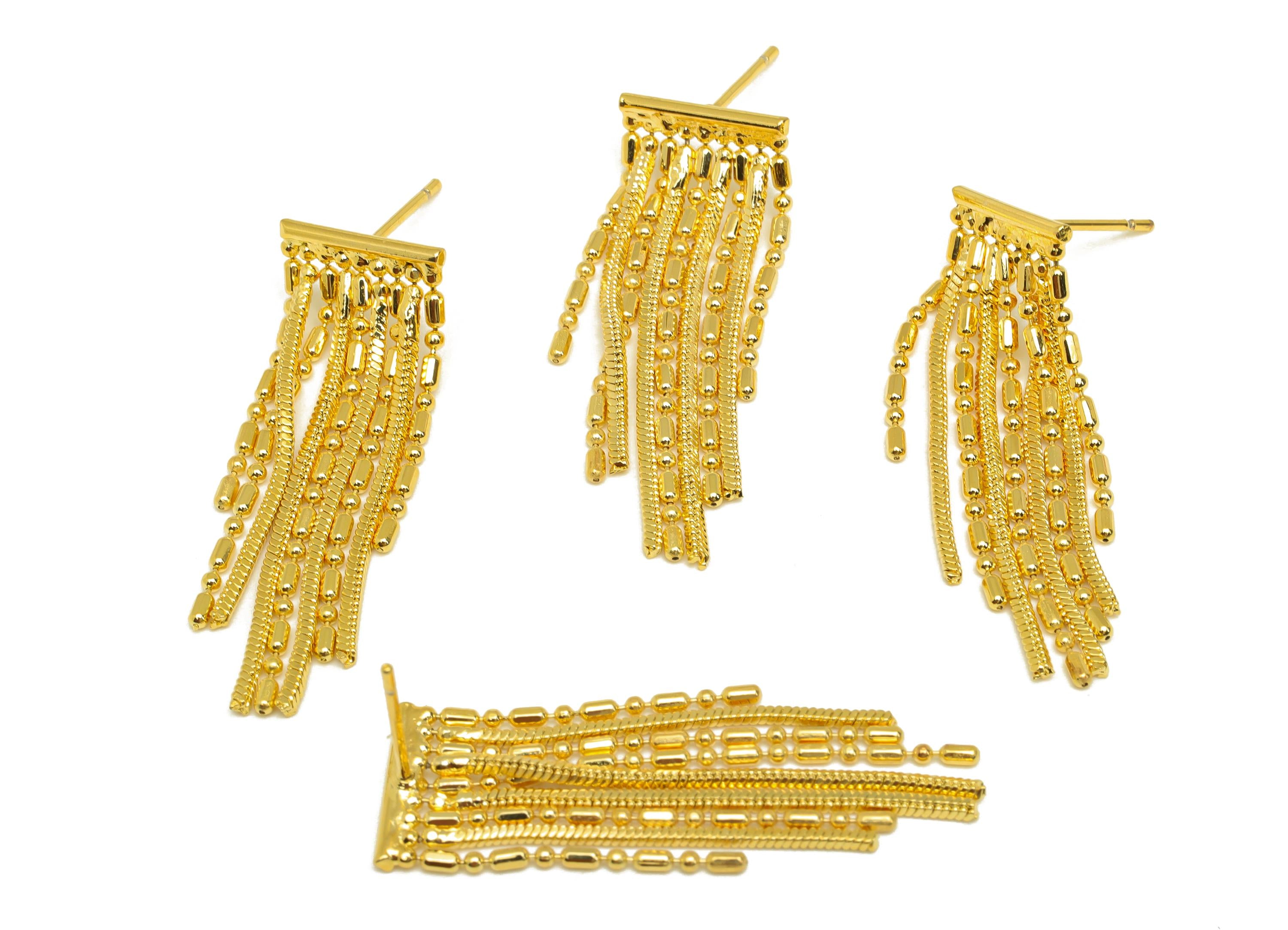 Brass Tassel Earring Stud - Brass Chain Tassel Wire Earring Post - Wire Tassel Earring Post - 18K Real Gold Plated - 34.42x11x1mm - RGP7310 - DOMEDBAZAAR