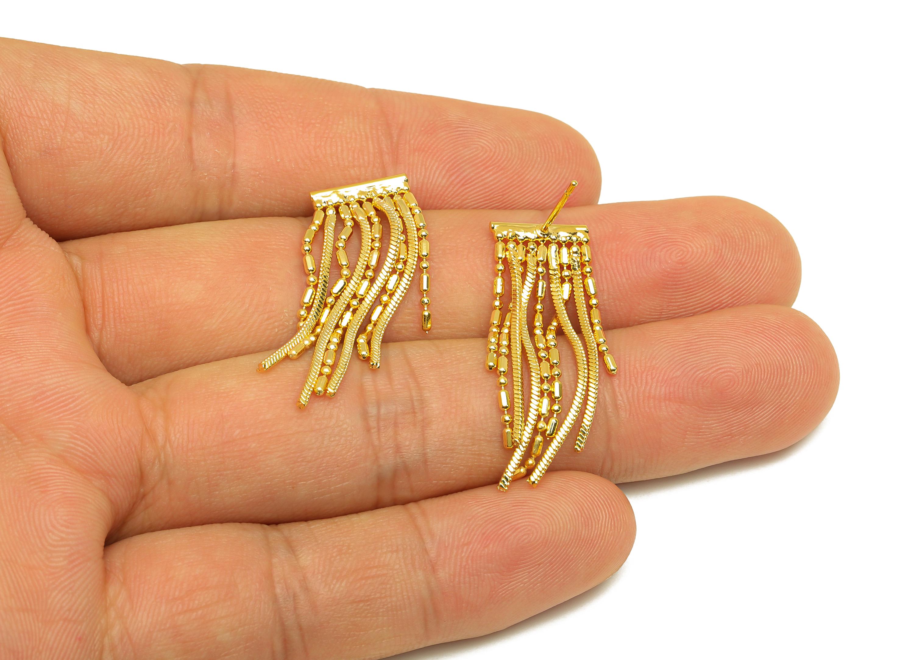Brass Tassel Earring Stud - Brass Chain Tassel Wire Earring Post - Wire Tassel Earring Post - 18K Real Gold Plated - 34.42x11x1mm - RGP7310 - DOMEDBAZAAR