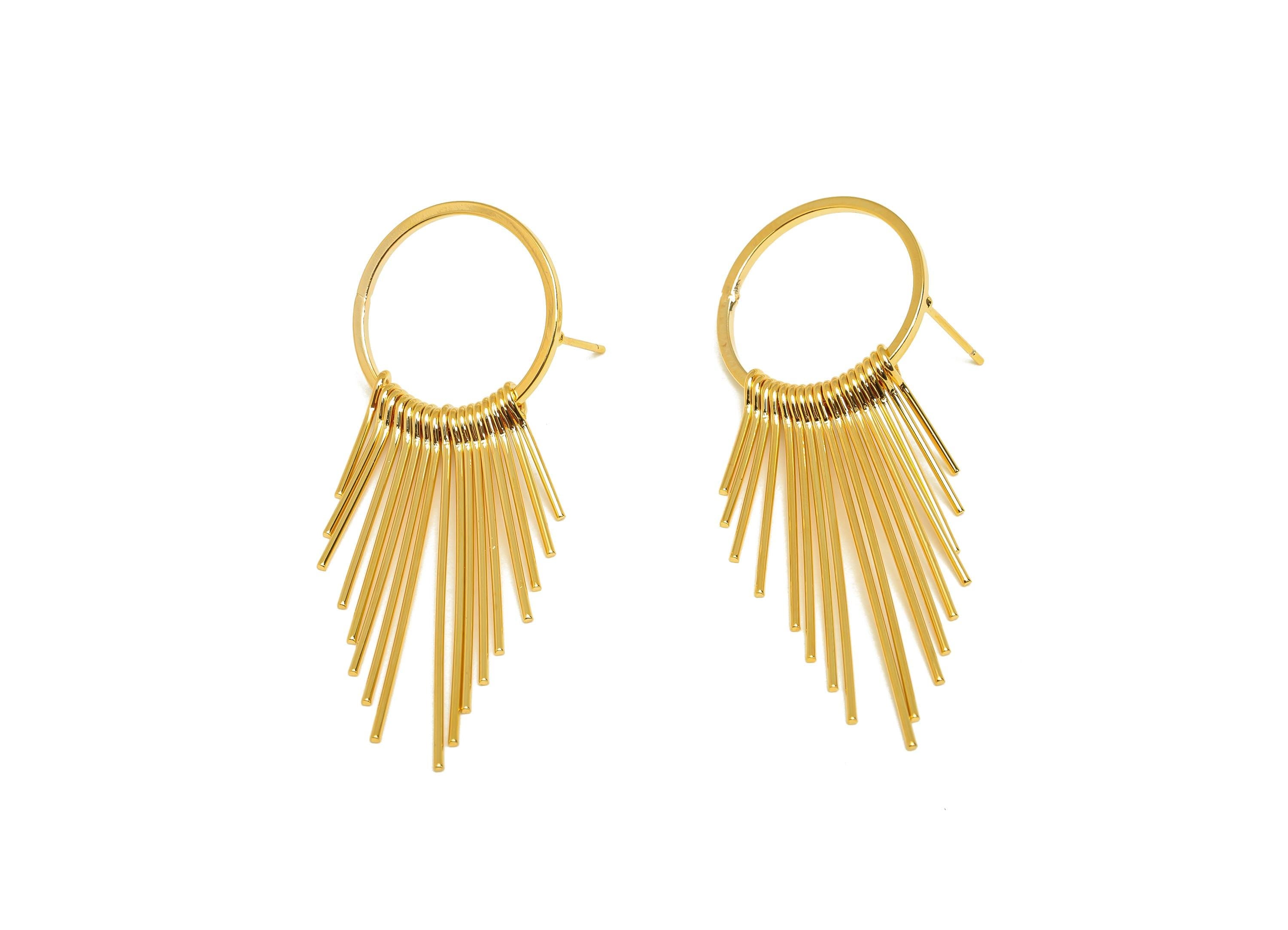 Brass Tassel Earring Stud - Brass Dangle Tassel Wire Earring Post - Wire Tassel Earring Post - 18K Real Gold Plated - 54x20x1.01mm - RGP7311 - DOMEDBAZAAR