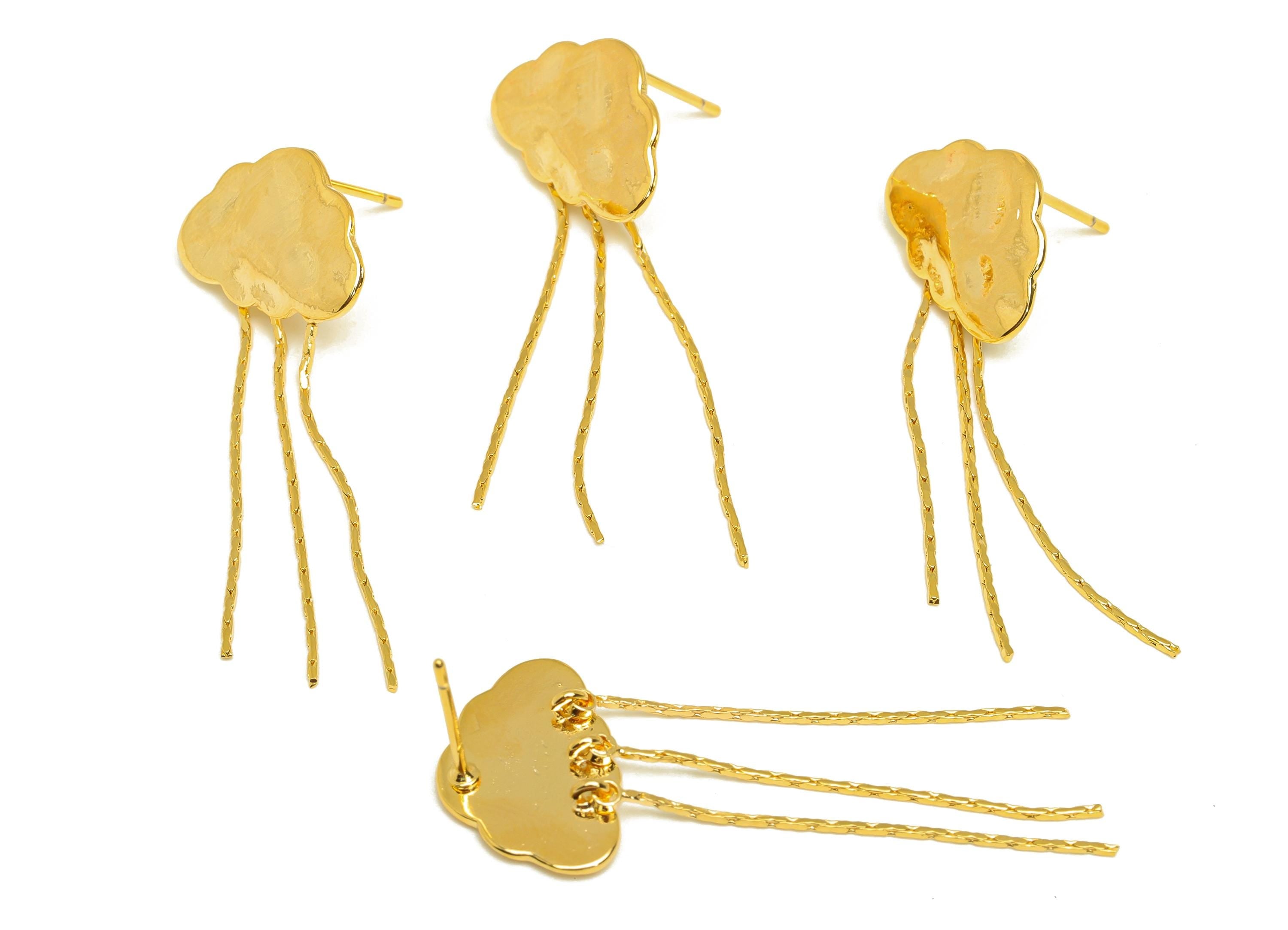Brass Cloud Tassel Earring Stud - Brass Dangle Tassel Wire Earring Post - Textured Earring Post - 18K Real Gold Plated - 42x16x1mm - RGP7311 - DOMEDBAZAAR