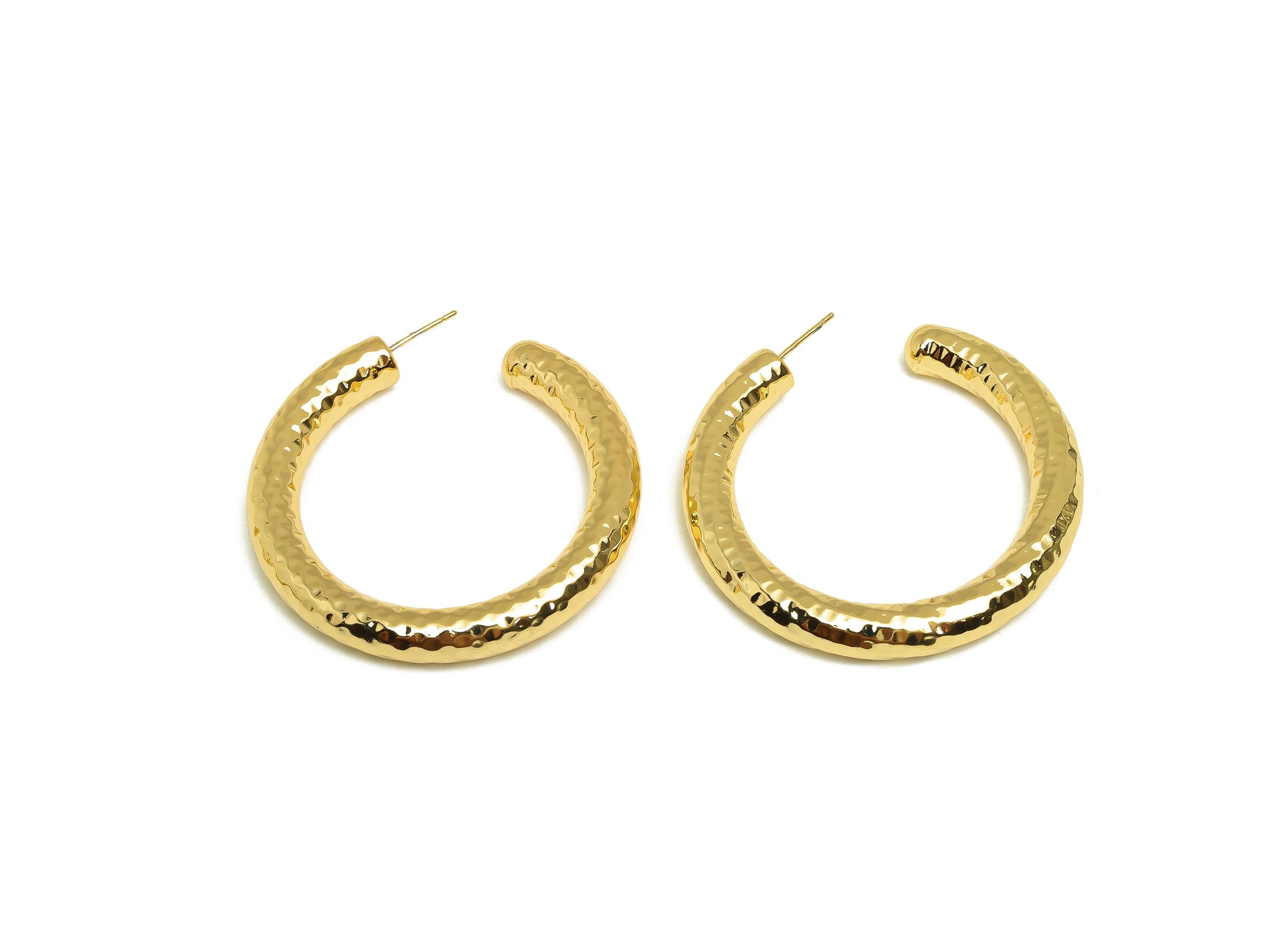Brass Hoop Earring Stud - Thick Open Hoop Earring Post - Brass Textured Hoop Earring Post - 18K Real Gold Plating - 40x40x8mm - RGP7903 - DOMEDBAZAAR