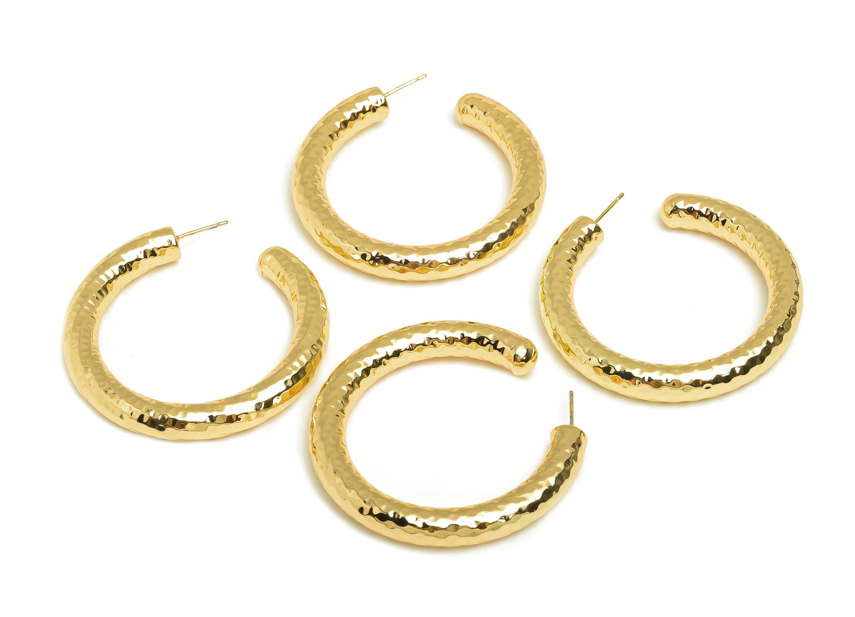 Brass Hoop Earring Stud - Thick Open Hoop Earring Post - Brass Textured Hoop Earring Post - 18K Real Gold Plating - 40x40x8mm - RGP7903 - DOMEDBAZAAR
