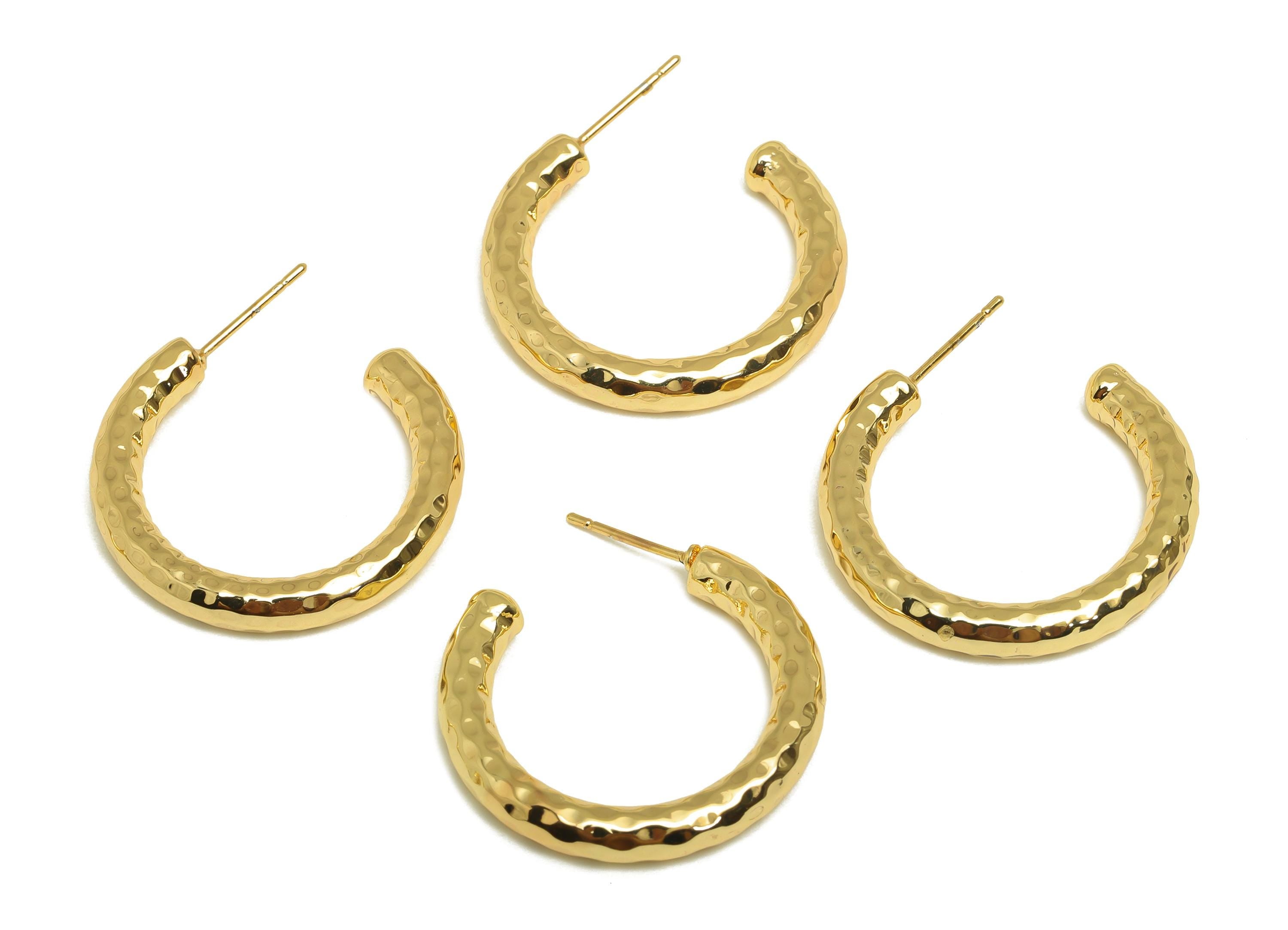 Brass Hoop Earring Stud - Thick Open Hoop Earring Post - Brass Textured Hoop Earring Post - 18K Real Gold Plating - 30x27x3.94mm - RGP7901 - DOMEDBAZAAR